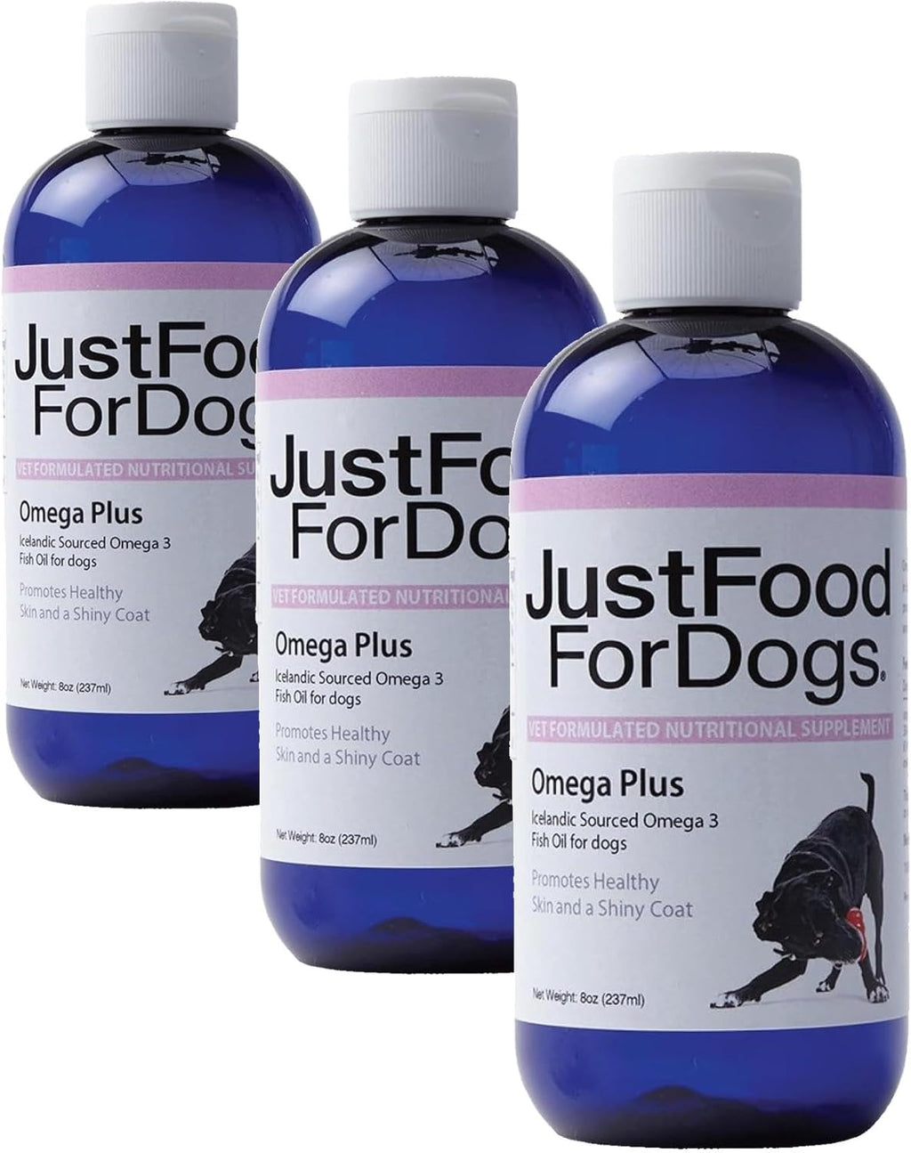 JustFoodForDogs premium dog health supplement bottle angled view