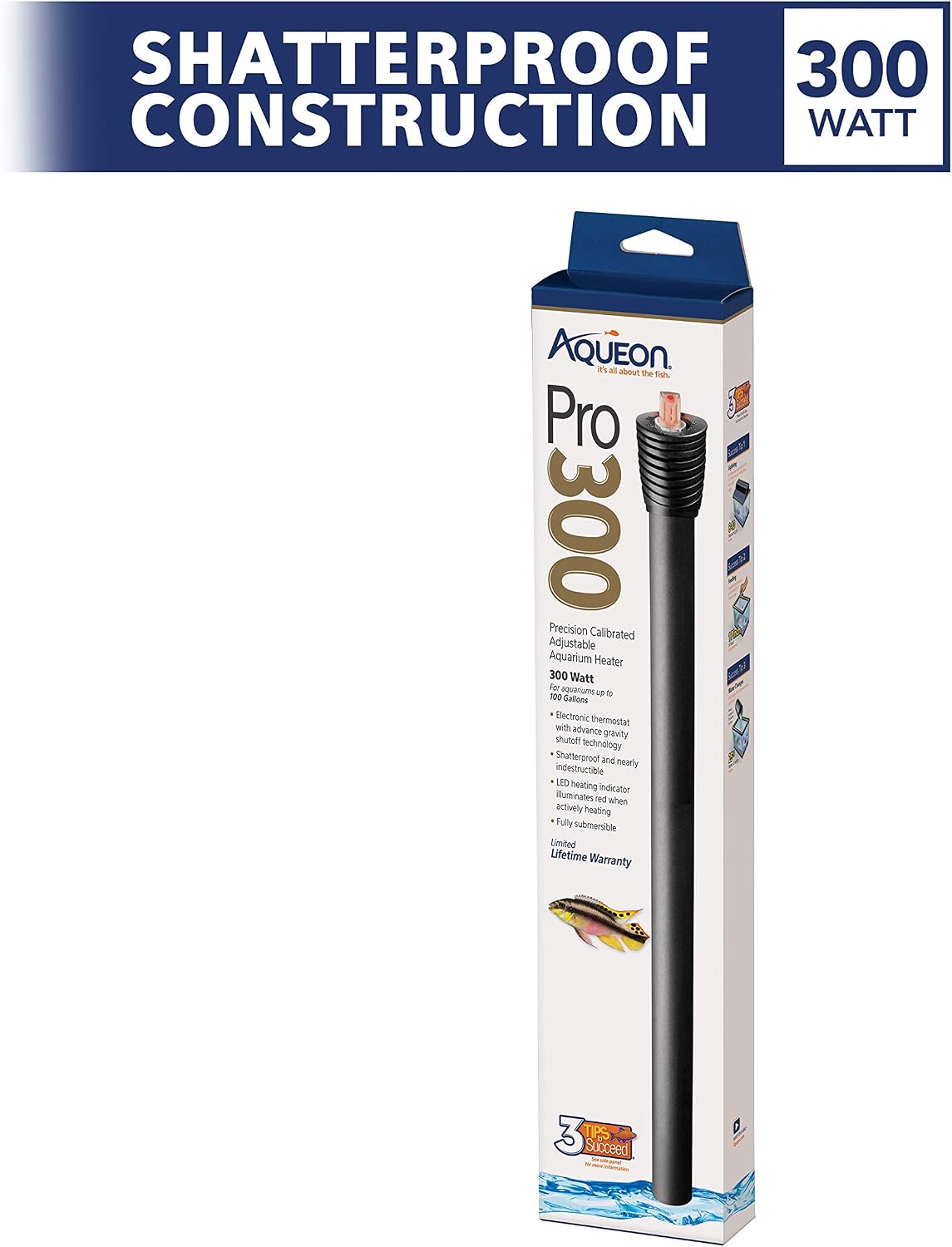 Aqueon Pro 300 aquarium heater front view showing housing and control dial