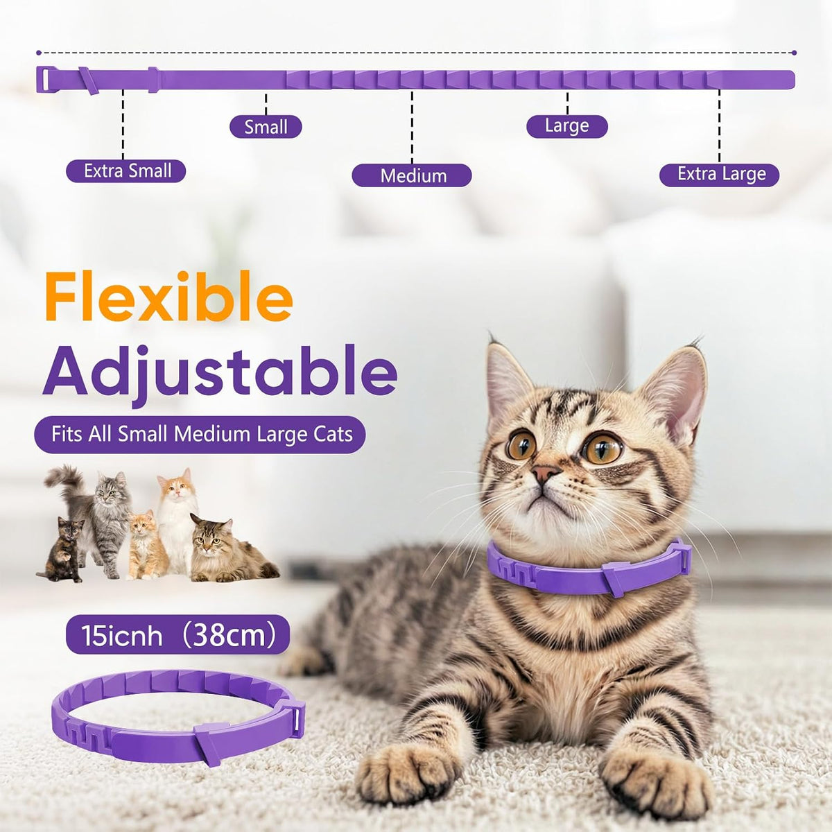 Four pack bundle arrangement of long lasting thirty day pet soothing pheromone collars for multi cat homes.