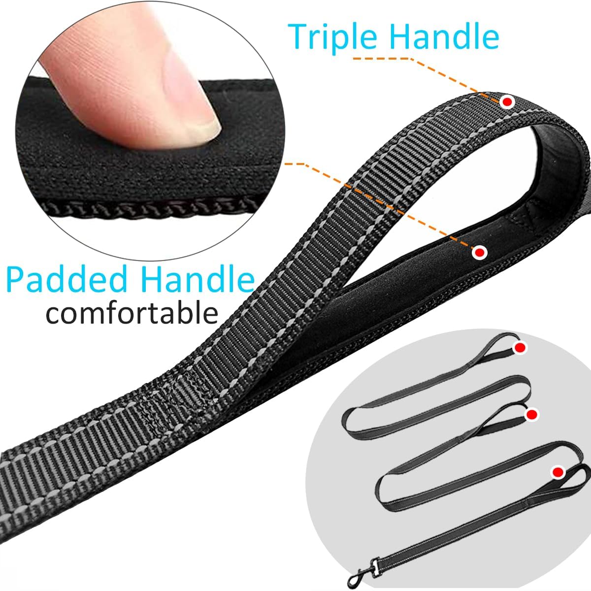 Detailed view of the luminous reflective stitching on the black nylon dog lead.