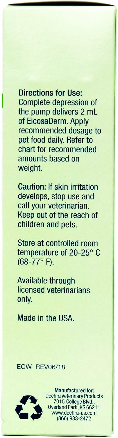 Dechra EicosaDerm nutritional fatty acid supplement back label with dosage instructions
