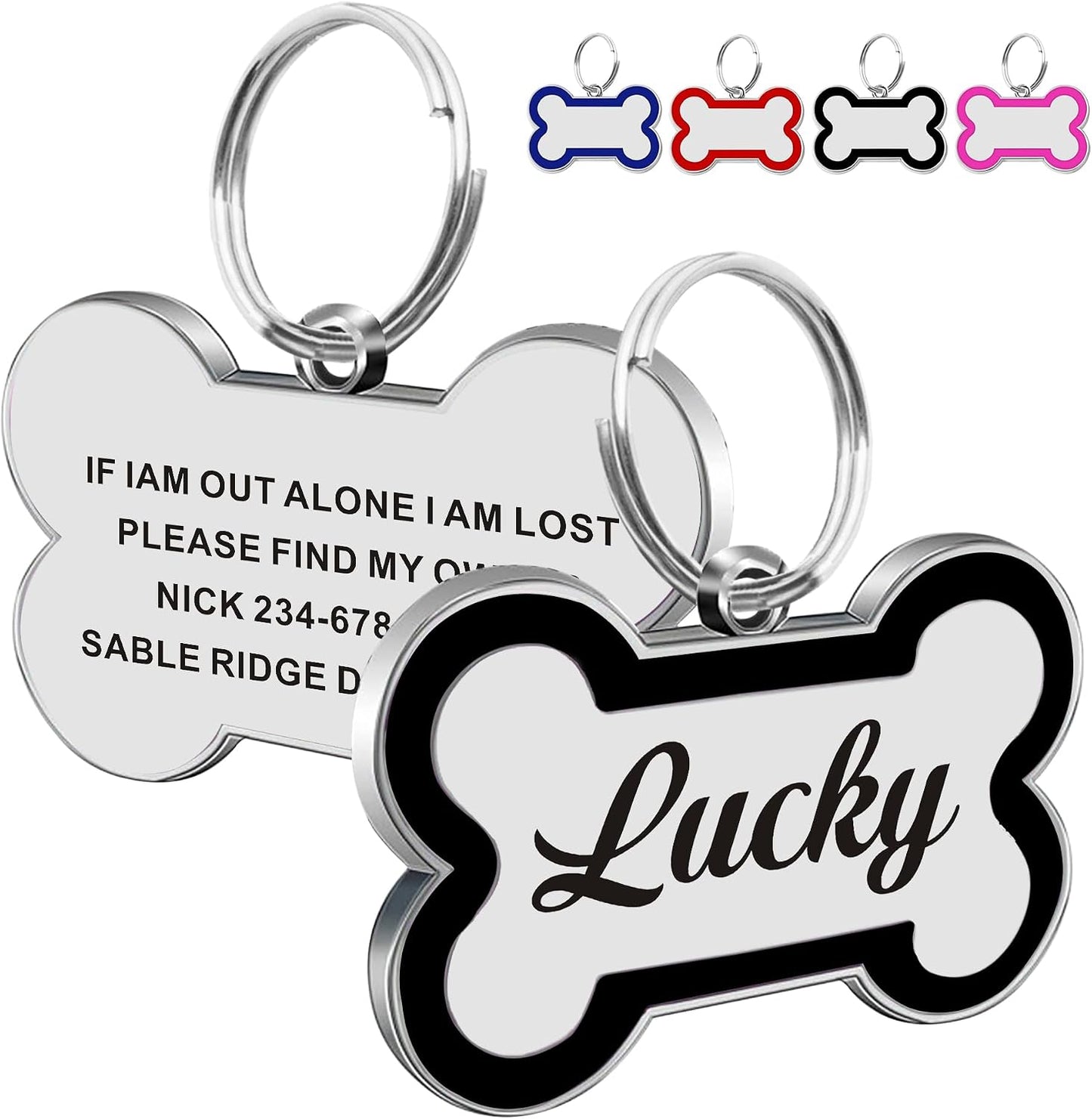 EDSG personalized dog name tags packaging with included collar attachment rings.
