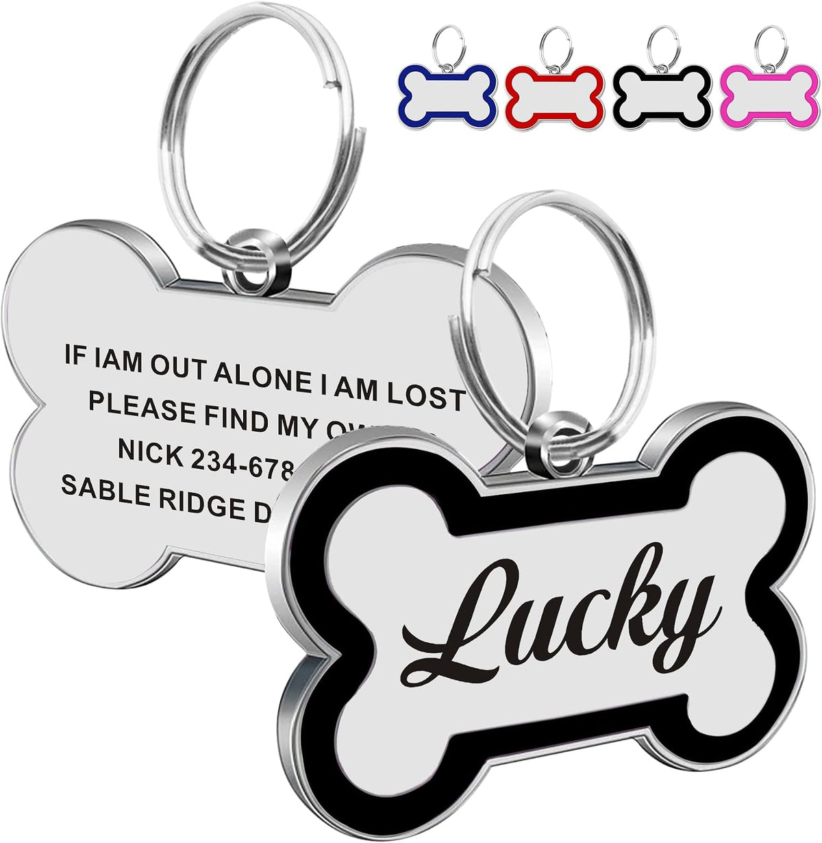 EDSG personalized dog name tags packaging with included collar attachment rings.