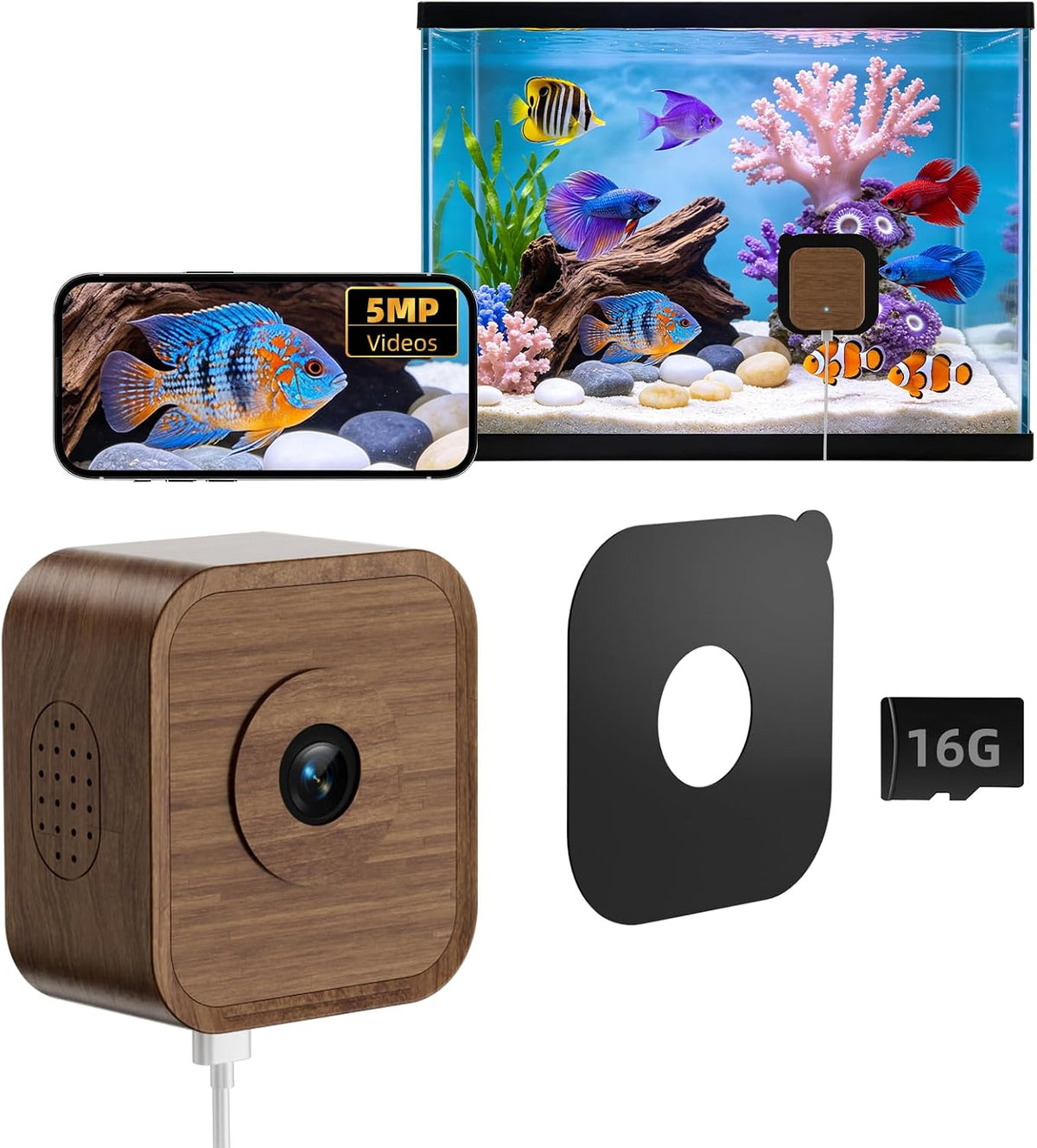SV3C 5MP Aquarium and Terrarium WiFi Camera front view with walnut wood finish