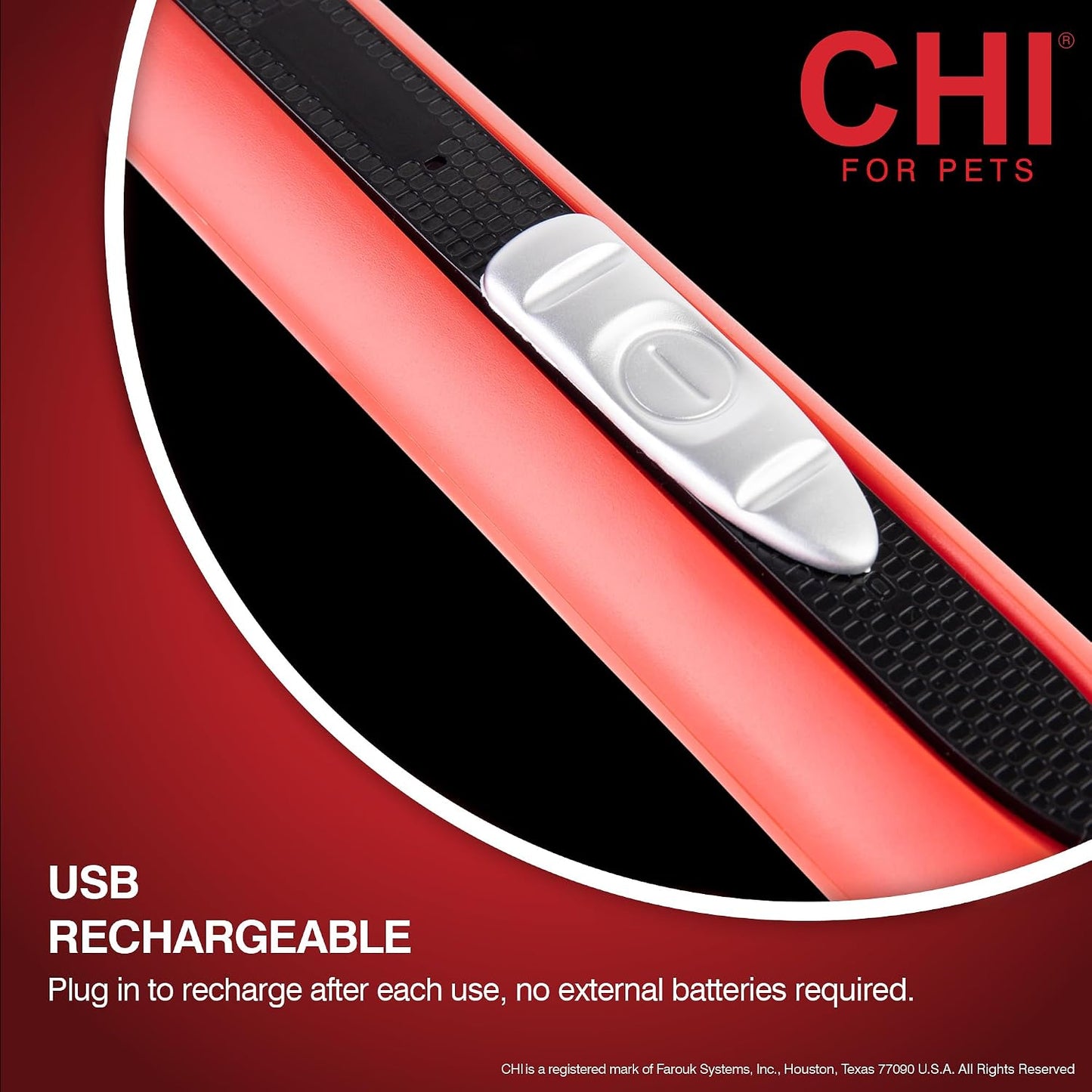 Close-up view of the CHI for Pets trimmer blade head detailing the safe flat edge configuration for grooming dog and cat paws.