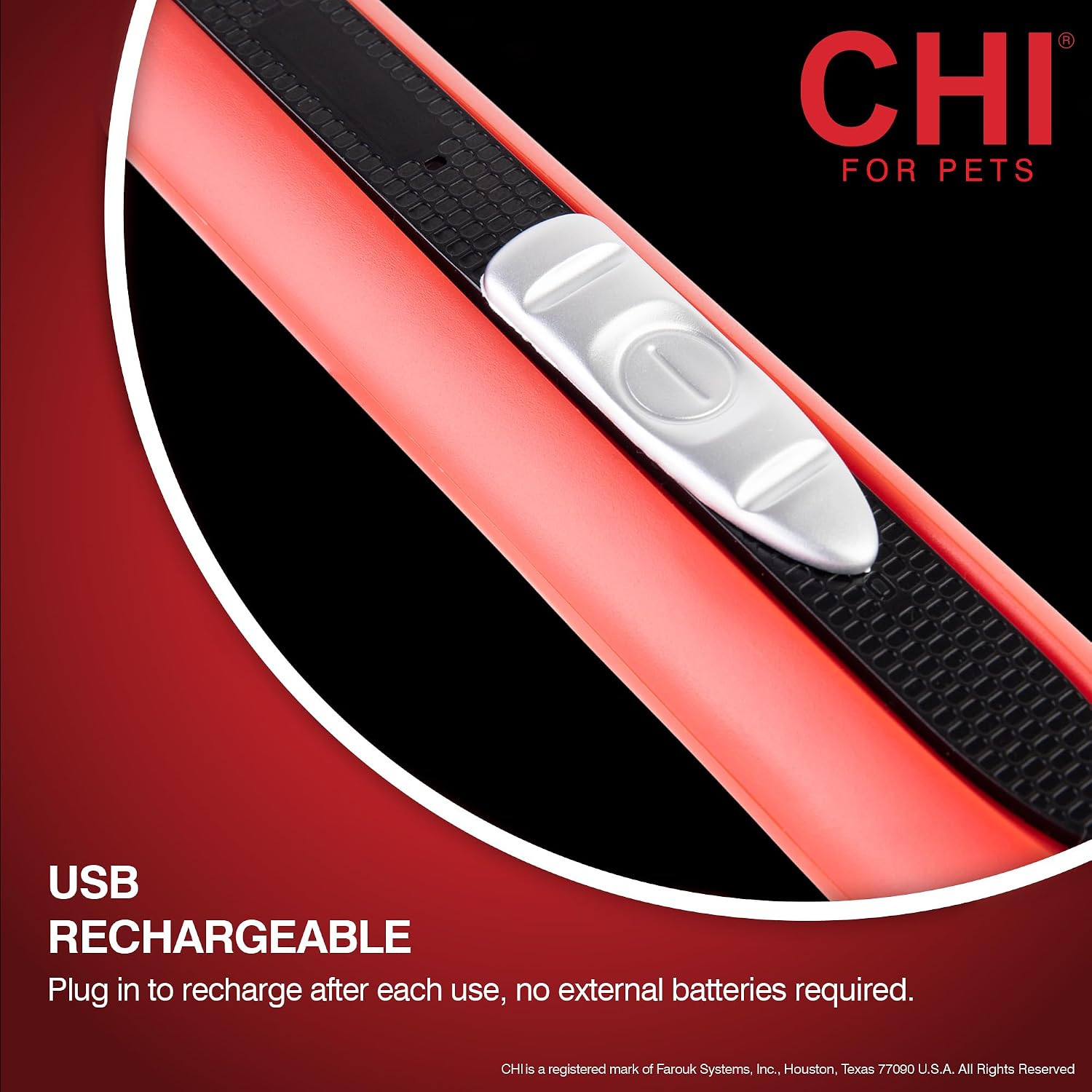 Close-up view of the CHI for Pets trimmer blade head detailing the safe flat edge configuration for grooming dog and cat paws.