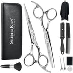 SEIMEIKEN professional hair cutting scissors kit front view displaying ten pieces including cutting shears and thinning scissors.