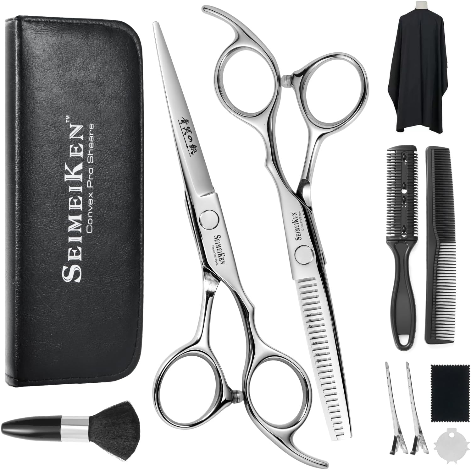 SEIMEIKEN professional hair cutting scissors kit front view displaying ten pieces including cutting shears and thinning scissors.