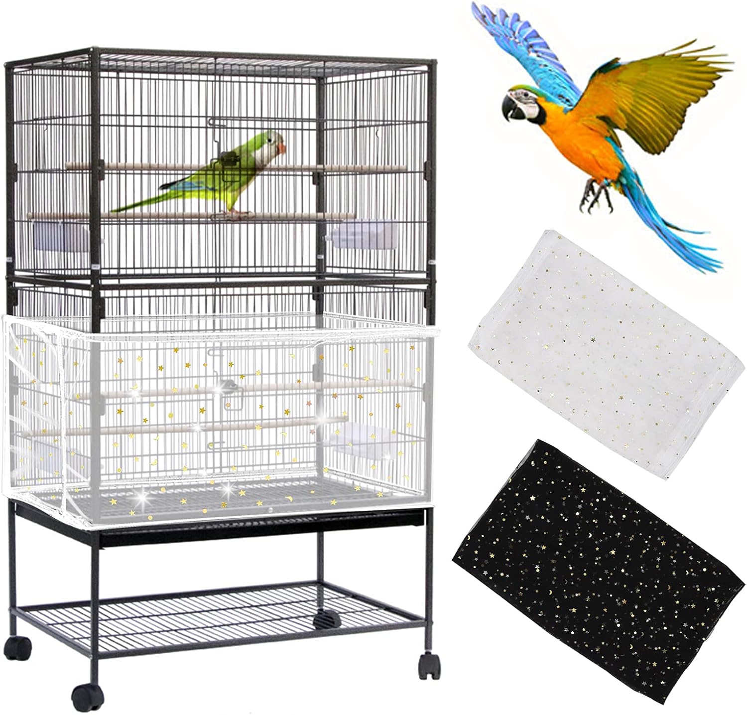 Daoeny 2Pcs Universal Bird Cage Cover, Adjustable Seed Feather Catcher, Soft Airy Nylon Mesh Parrot Net, Birdcage Cover Skirt Sheer Guard for Round Square Cages (Green+ Blue) - Image 10