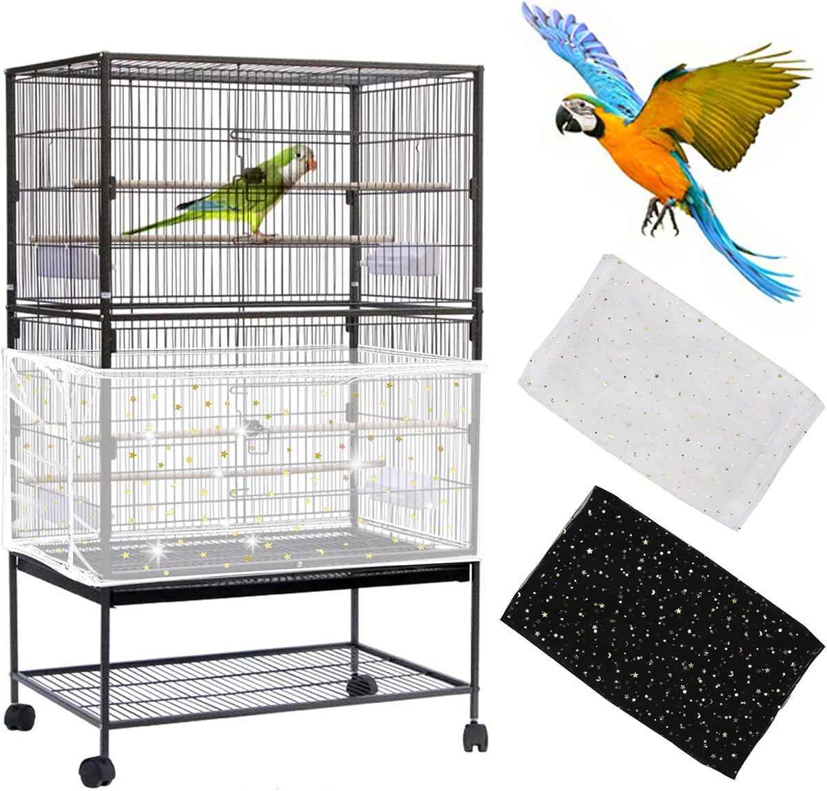 Daoeny 2Pcs Universal Bird Cage Cover, Adjustable Seed Feather Catcher, Soft Airy Nylon Mesh Parrot Net, Birdcage Cover Skirt Sheer Guard for Round Square Cages (Green+ Blue) - Image 10
