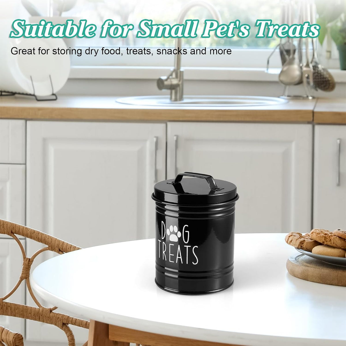 Black metal pet treat canister for kitchen counter