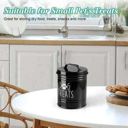 Black metal pet treat canister for kitchen counter
