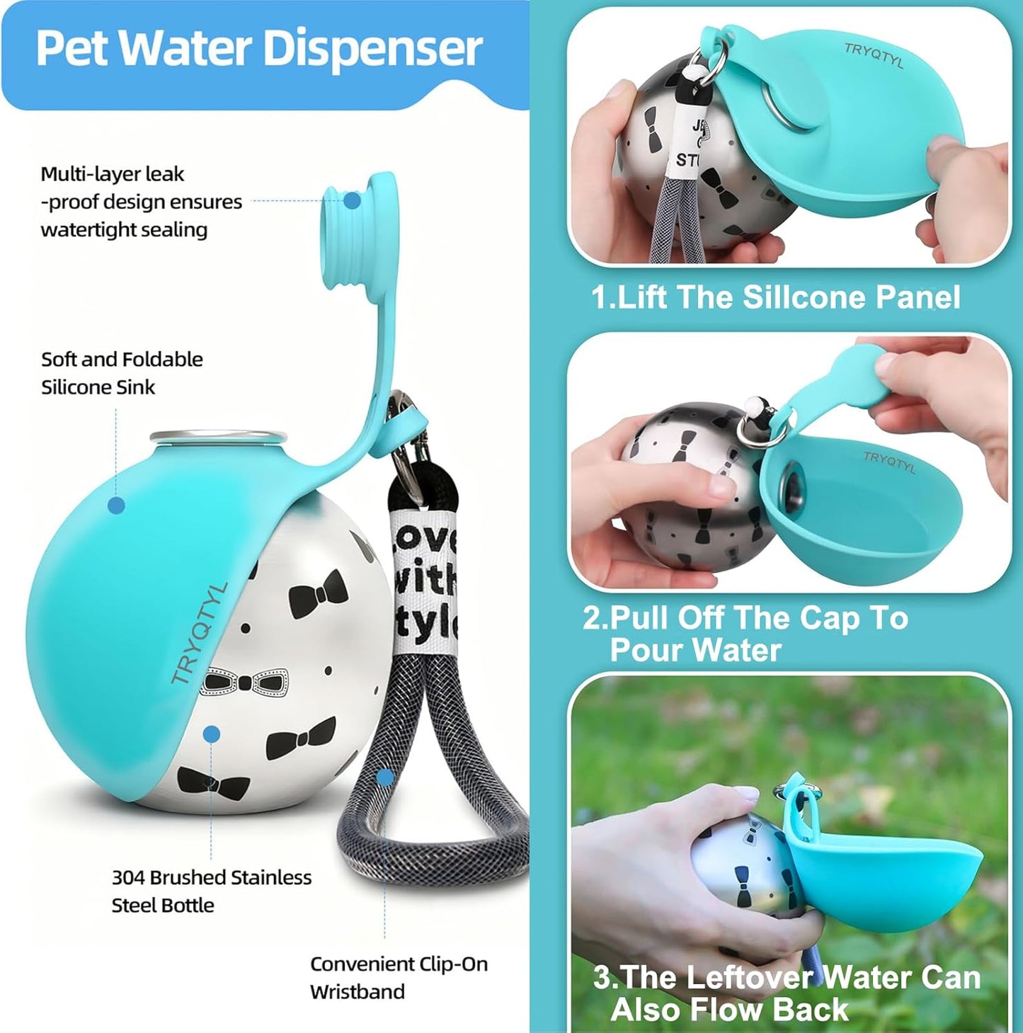Foldable silicone bowl extended on a stainless steel travel pet bottle