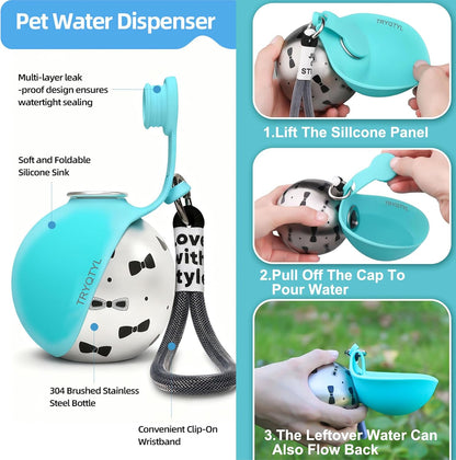 Foldable silicone bowl extended on a stainless steel travel pet bottle