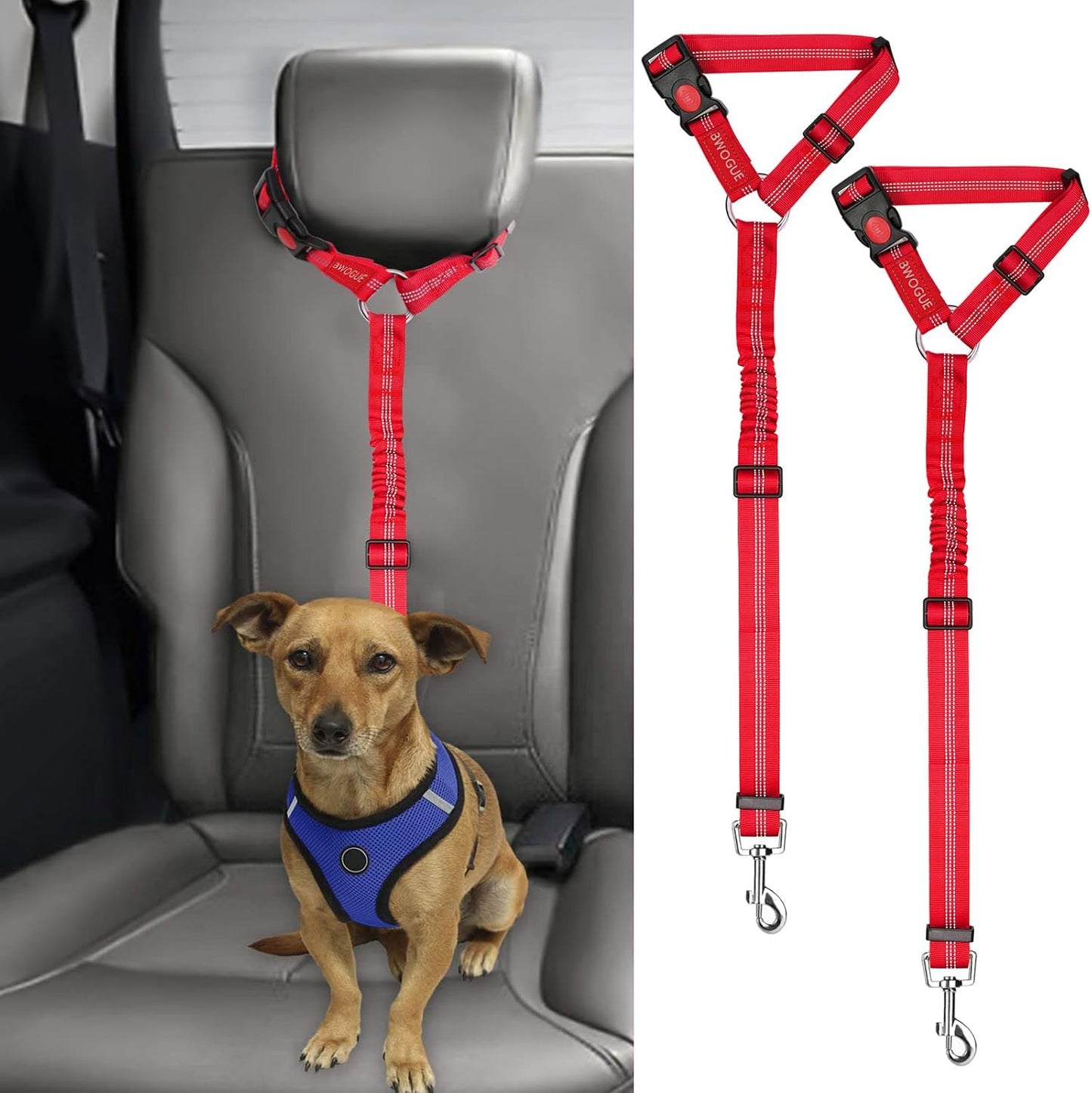 BWOGUE 2 Packs Dog Cat Safety Seat Belt Strap Car Headrest Restraint Adjustable Nylon Fabric Dog Restraints Vehicle Seatbelts Harness - Image 9