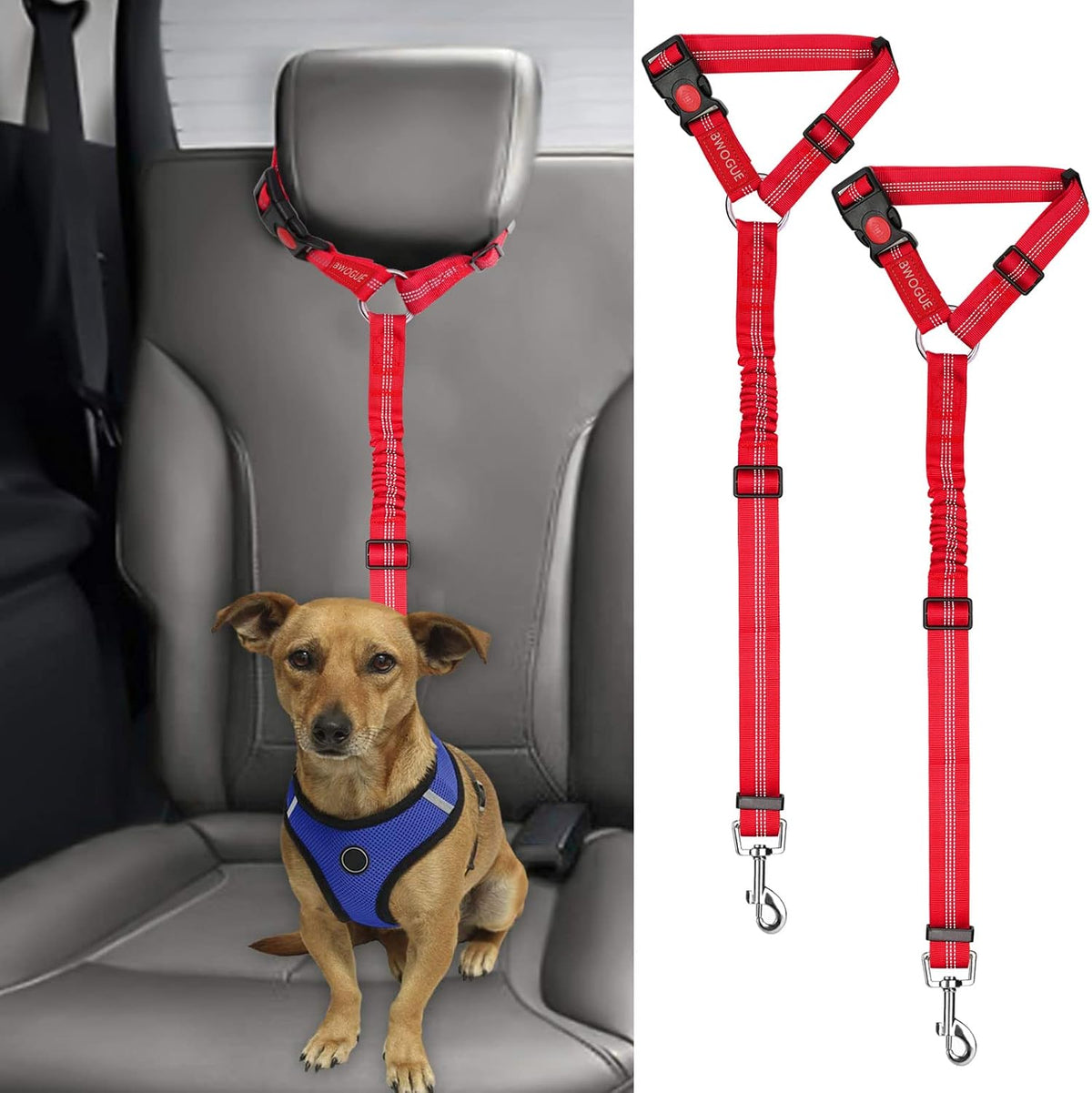 BWOGUE 2 Packs Dog Cat Safety Seat Belt Strap Car Headrest Restraint Adjustable Nylon Fabric Dog Restraints Vehicle Seatbelts Harness - Image 9