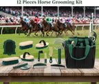 Abbylike horse grooming massaging tools highlighting the oval curry comb used for shedding mud and loosening dirt.