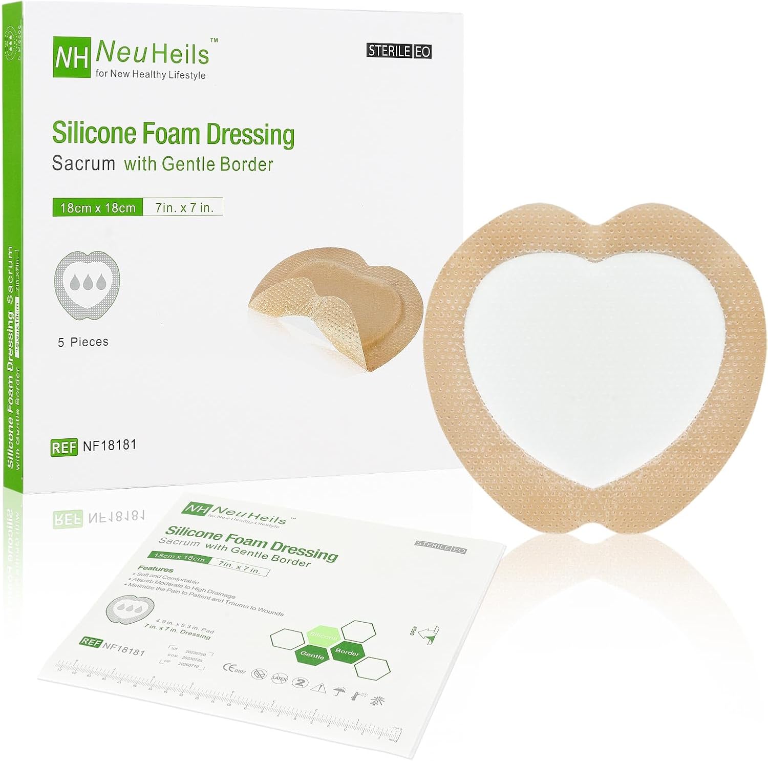 NeuHeils sacrum silicone foam dressing front view of five pack packaging for advanced wound care.