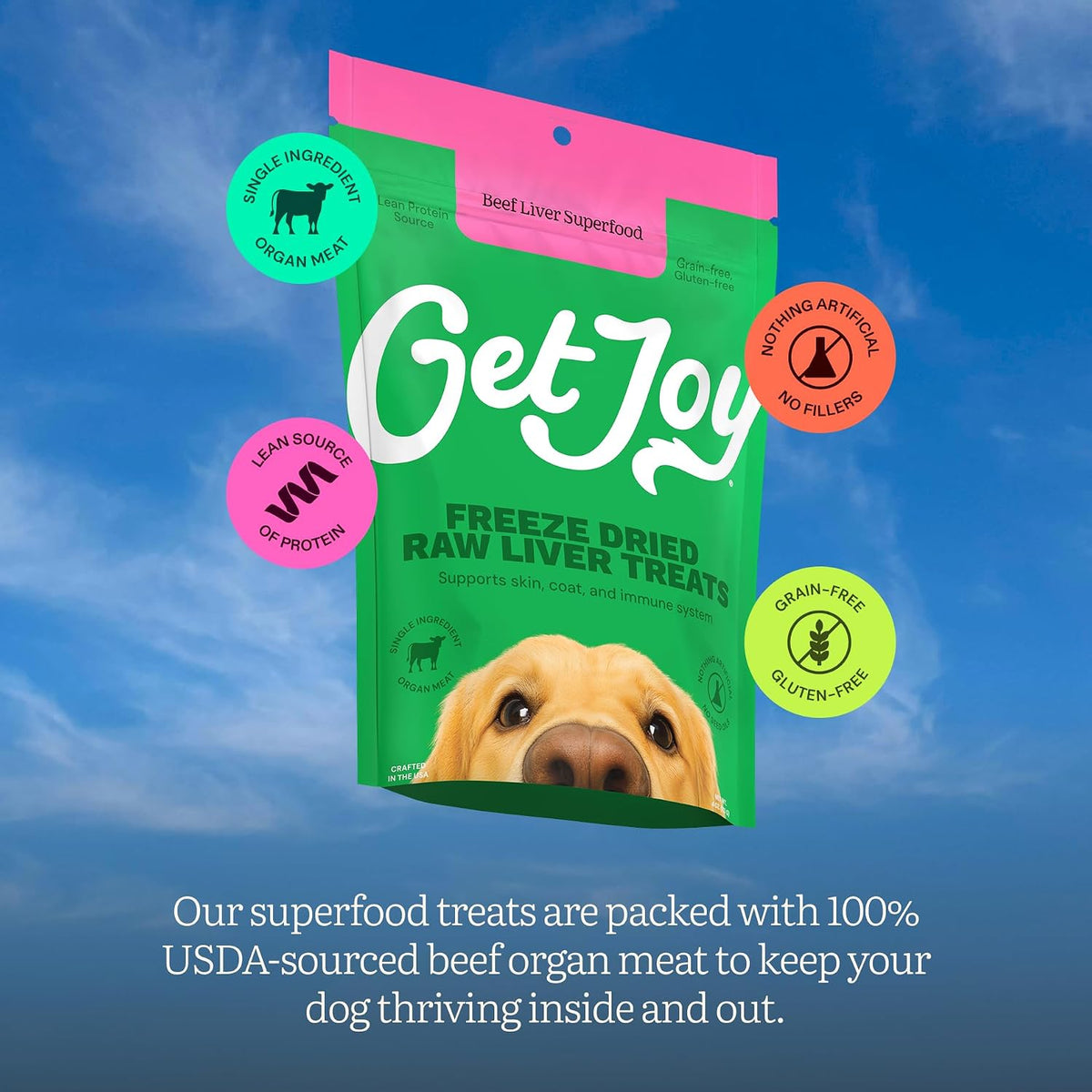 Get Joy USA imported authentic freeze dried dog treats close up