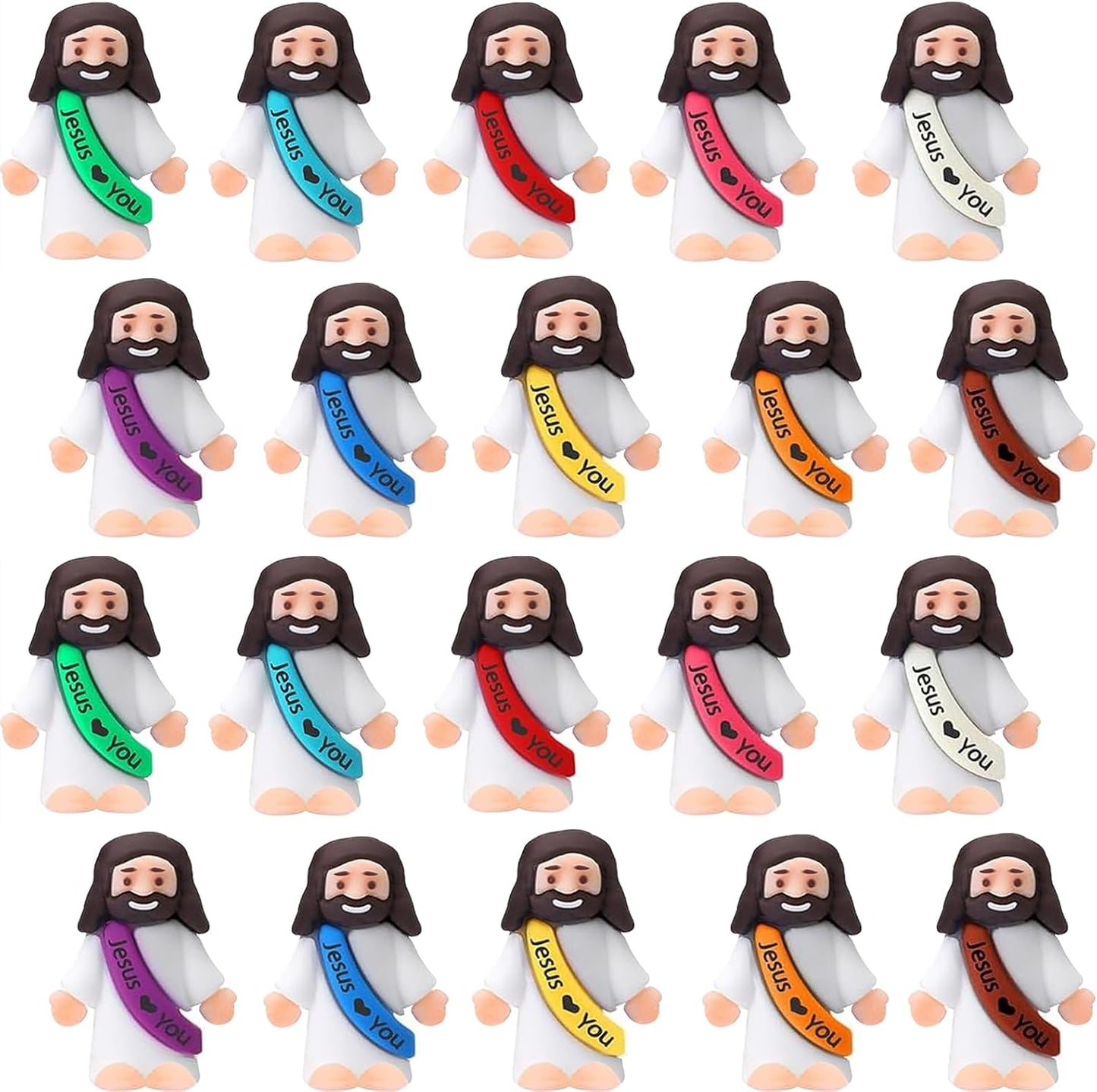 AKFAHOIF Little Jesus Figures front view showcasing assorted colorful sashes in a bulk collection.