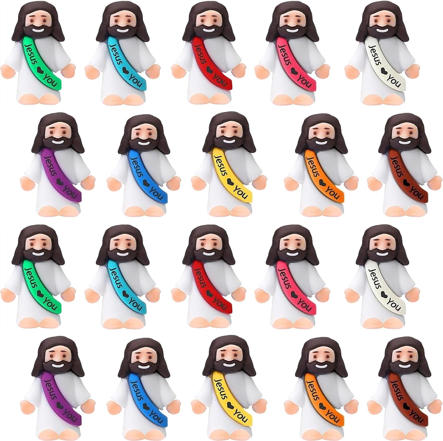 AKFAHOIF Little Jesus Figures front view showcasing assorted colorful sashes in a bulk collection.