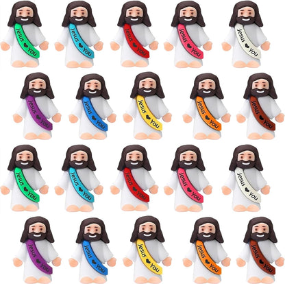 AKFAHOIF Little Jesus Figures front view showcasing assorted colorful sashes in a bulk collection.