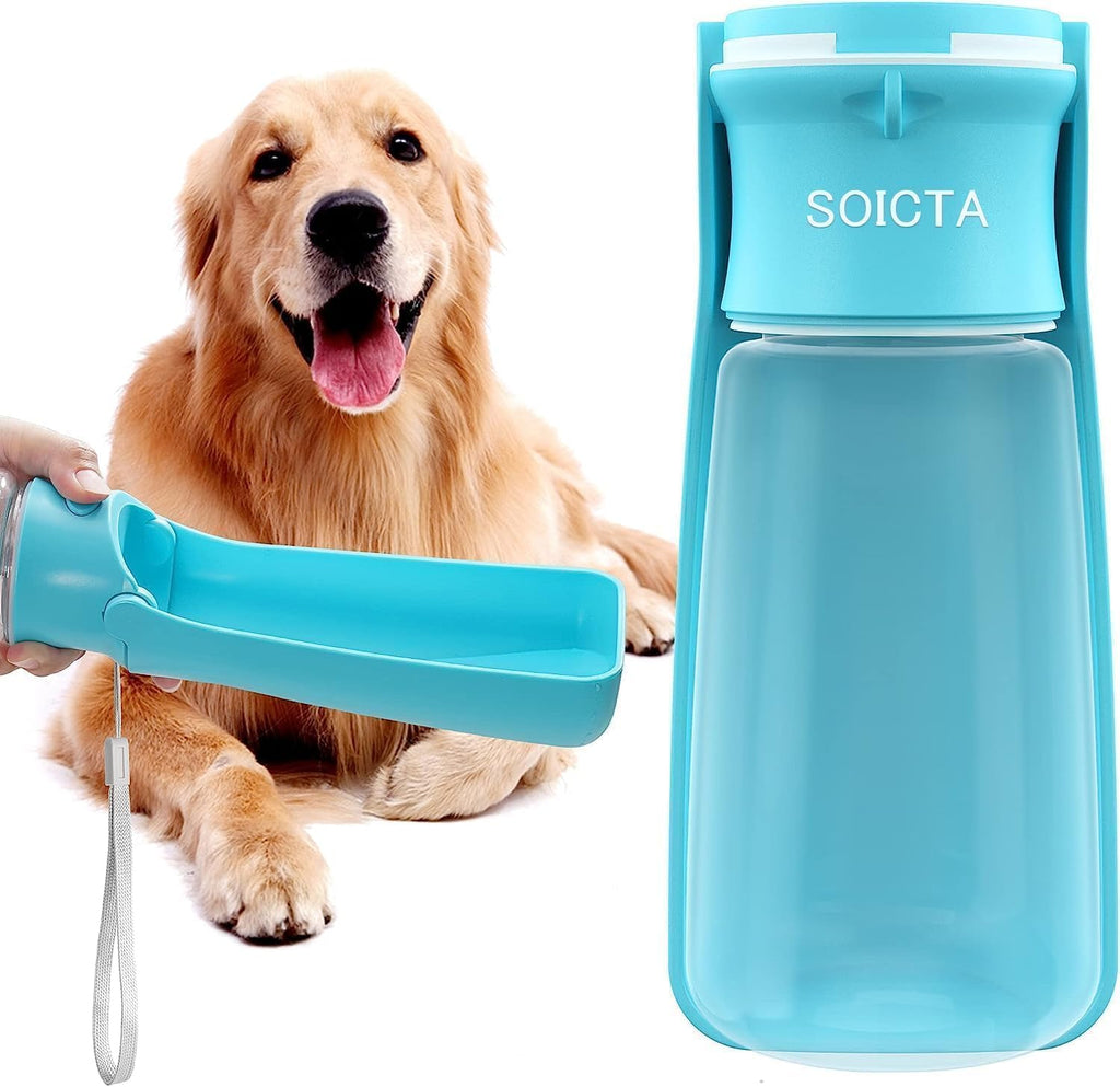 Soicta portable dog water bottle front view showing blue color and foldable design