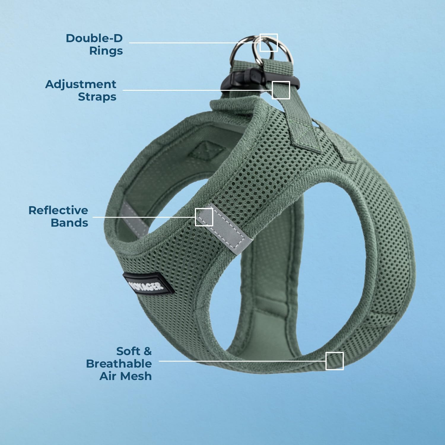 Secure triple closure dog harness with double D-rings and sturdy buckle