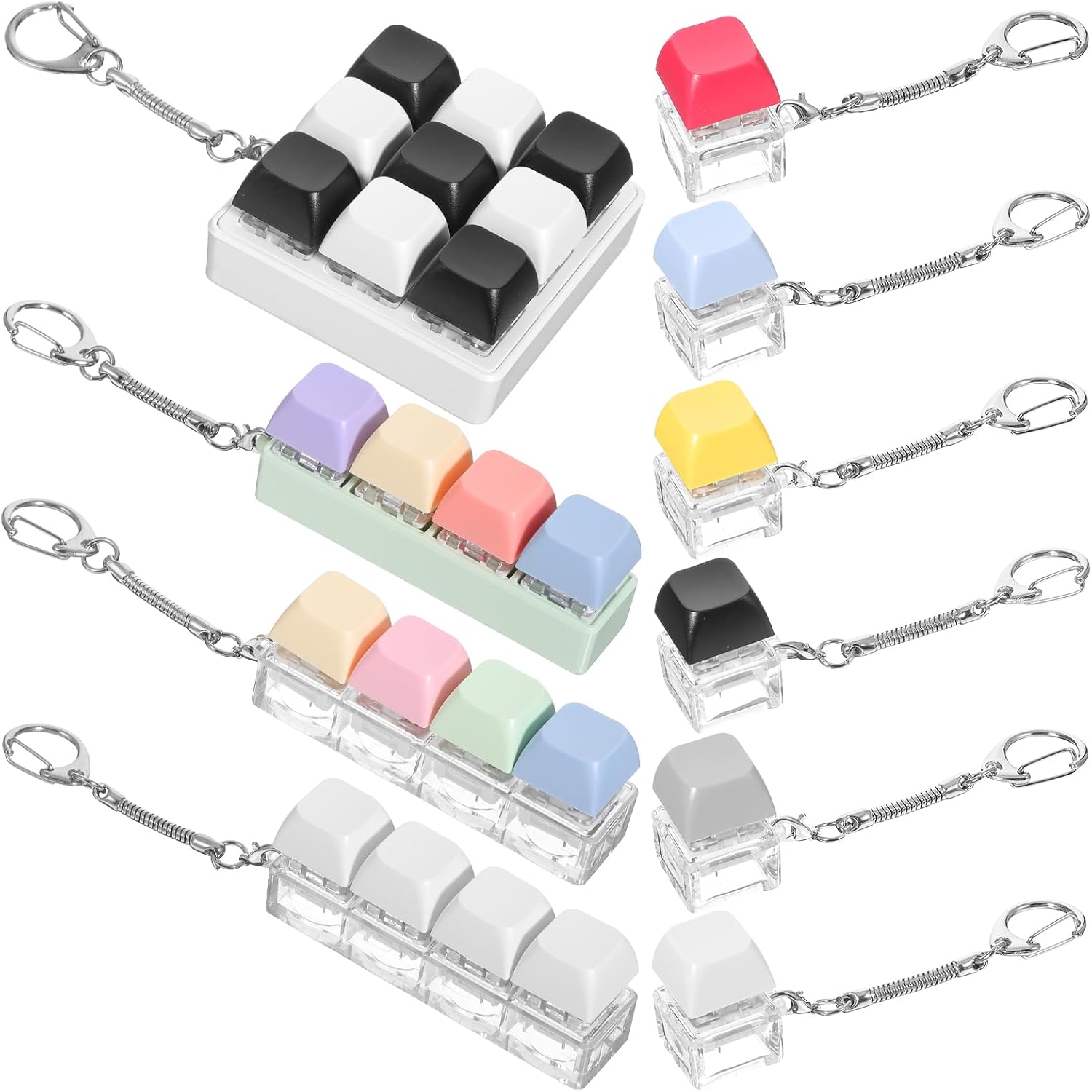 Kifmurase mechanical keyboard fidget toy set front view showcasing multiple multicolored multi-key configurations on a clean surface.