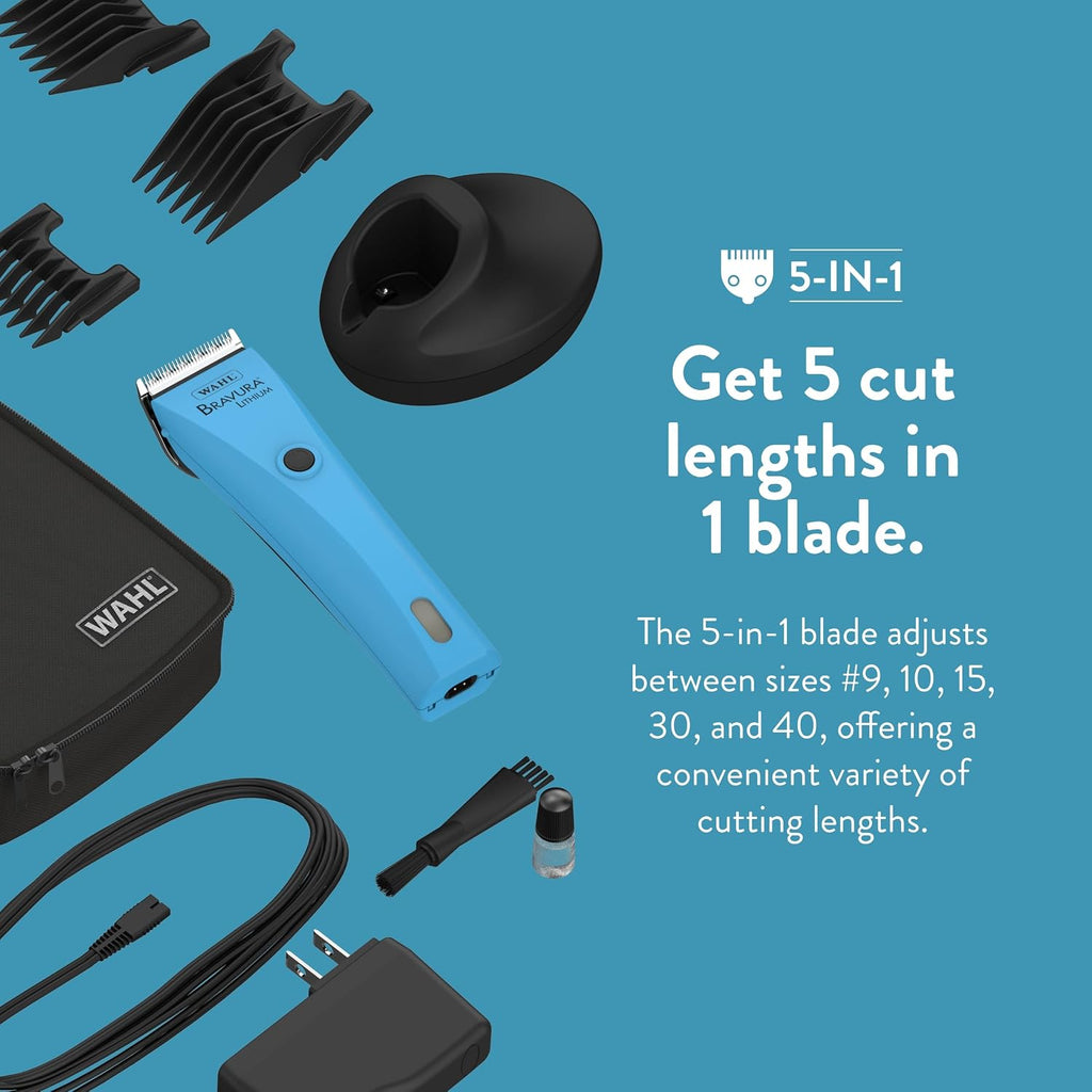 Turquoise Wahl Bravura animal clipper close up on the premium steel blade