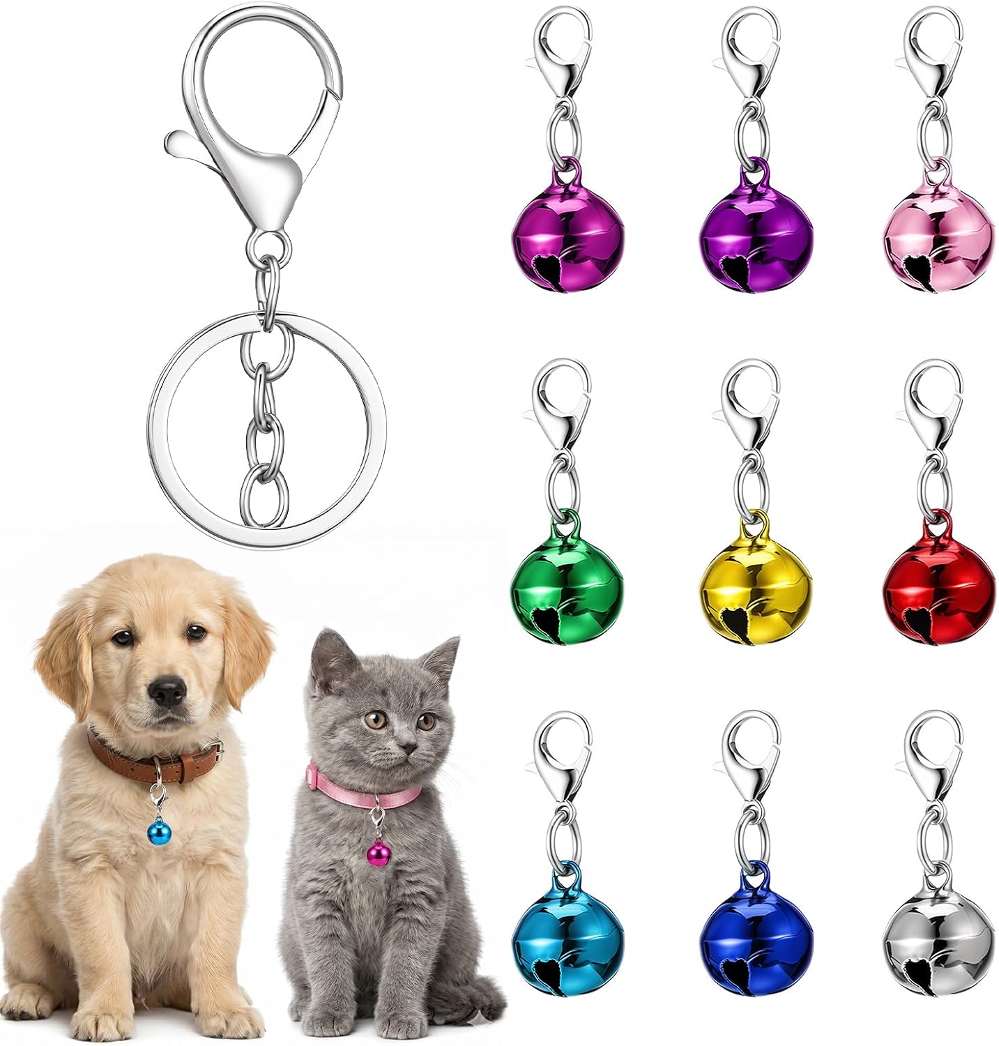Woofy Store Larrel pet collar bells front view showcasing nine different bright colors.