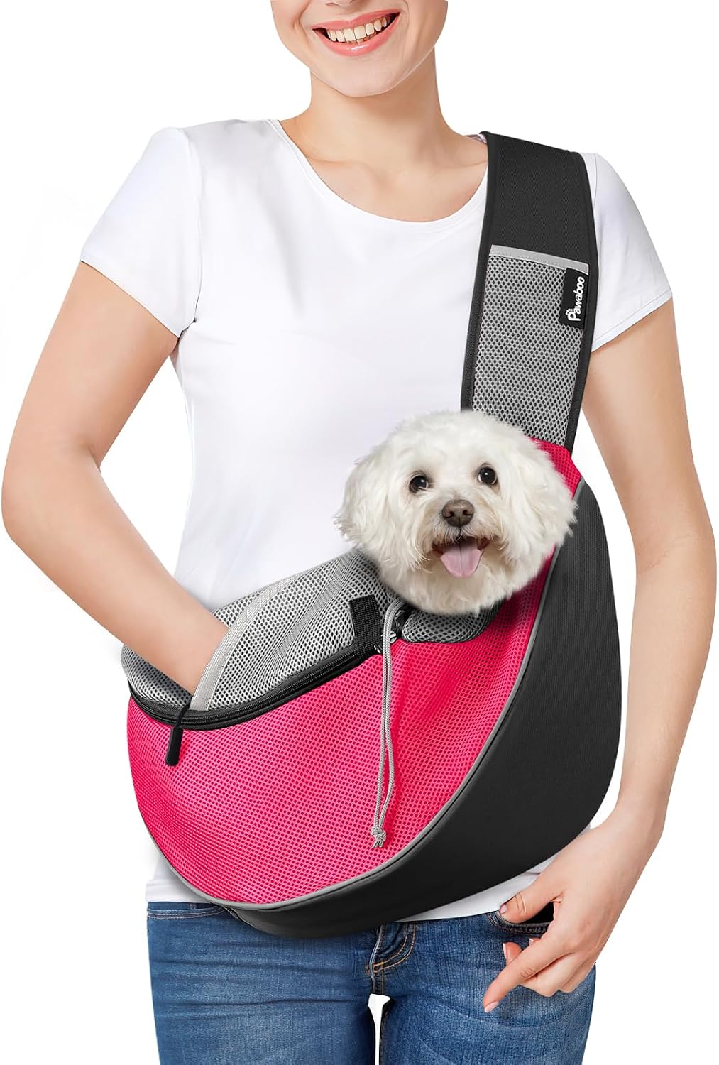 Pawaboo Pet Dog Sling Carrier, Hand Free Drawstring Dog Papoose with Adjustable Strap, Breathable Mesh Bag for Puppy Cat, Crossbody Satchel Dog Purse with Pocket for Outdoor, Dark Gray+Black, Medium - Image 9