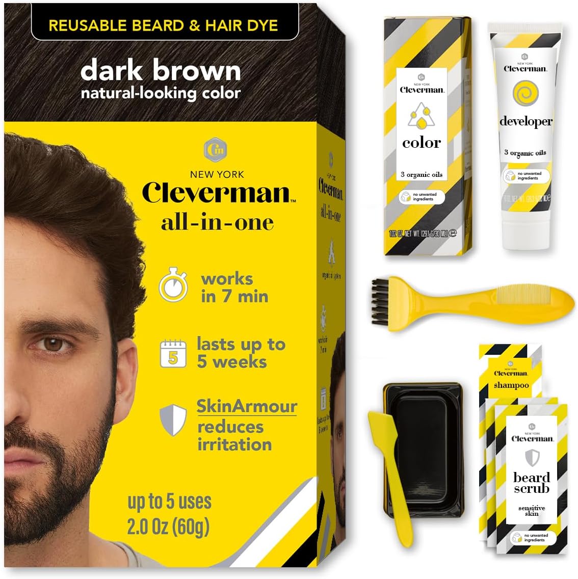 Cleverman Dark Brown Hair and Beard Dye Kit packaging front view for professional men grooming