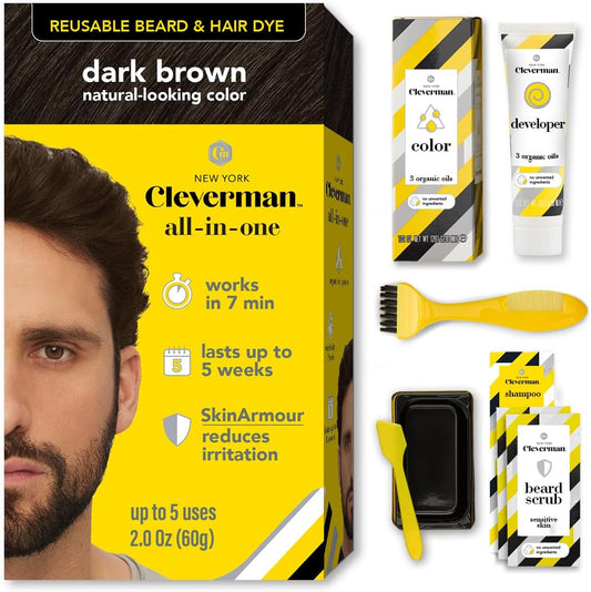 Cleverman Dark Brown Hair and Beard Dye Kit packaging front view for professional men grooming