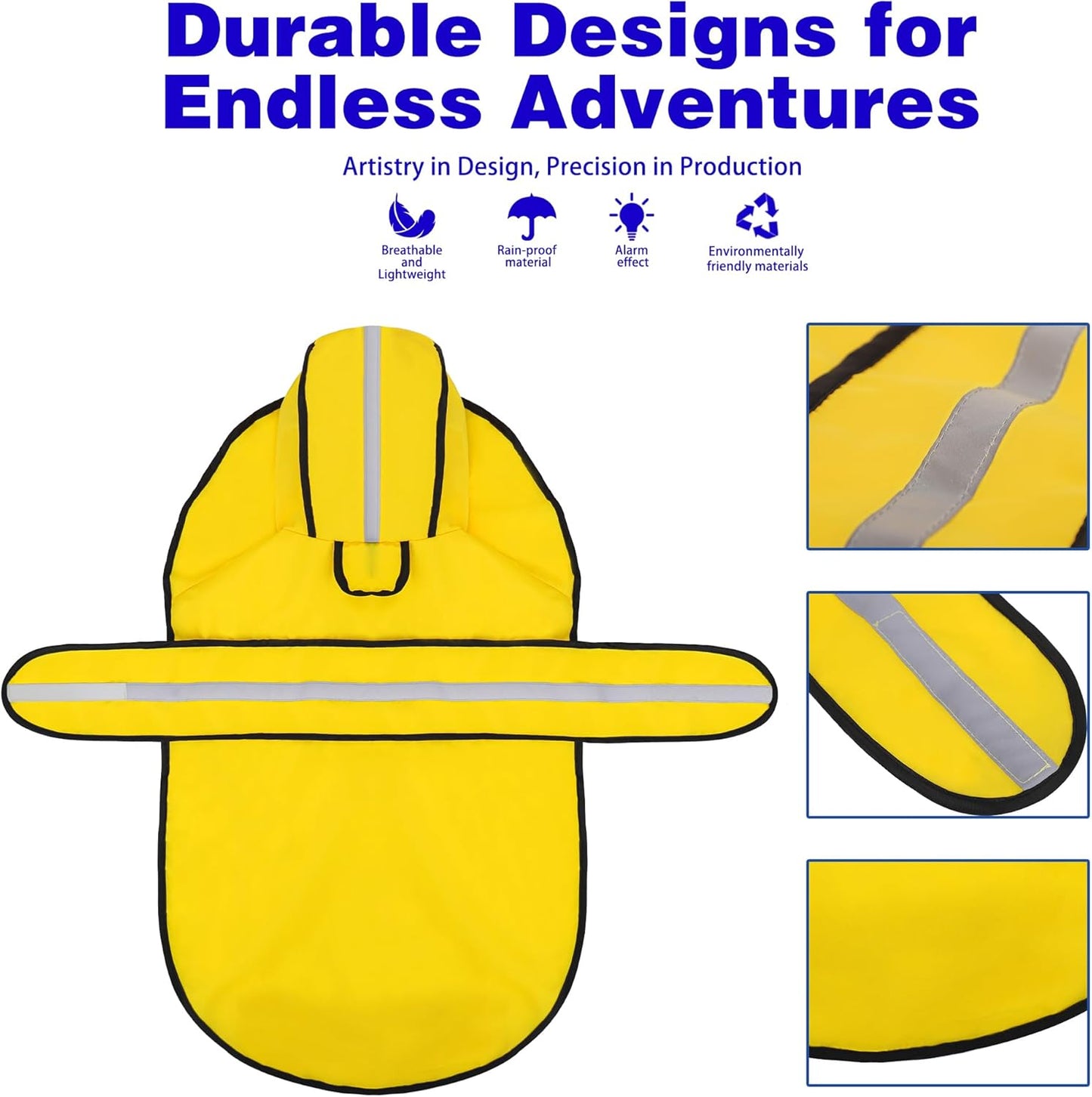 Adjustable medium dog raincoat close up on leash hole access.