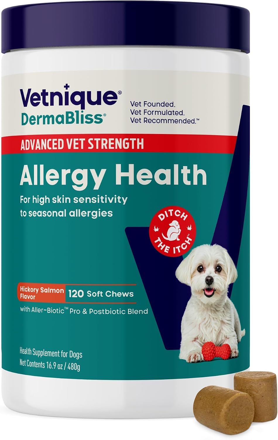 Vetnique DermaBliss Vet-Formulated Dog Allergy Chews for Seasonal Itch Relief, Skin, Coat & Gut Health, Omega 3 + Probiotic Anti-Itch Soft Chew Supplement for Dogs (60ct, Regular Strength Chews) - Image 10