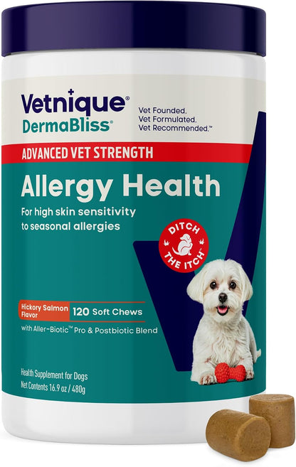Vetnique DermaBliss Vet-Formulated Dog Allergy Chews for Seasonal Itch Relief, Skin, Coat & Gut Health, Omega 3 + Probiotic Anti-Itch Soft Chew Supplement for Dogs (60ct, Regular Strength Chews) - Image 10