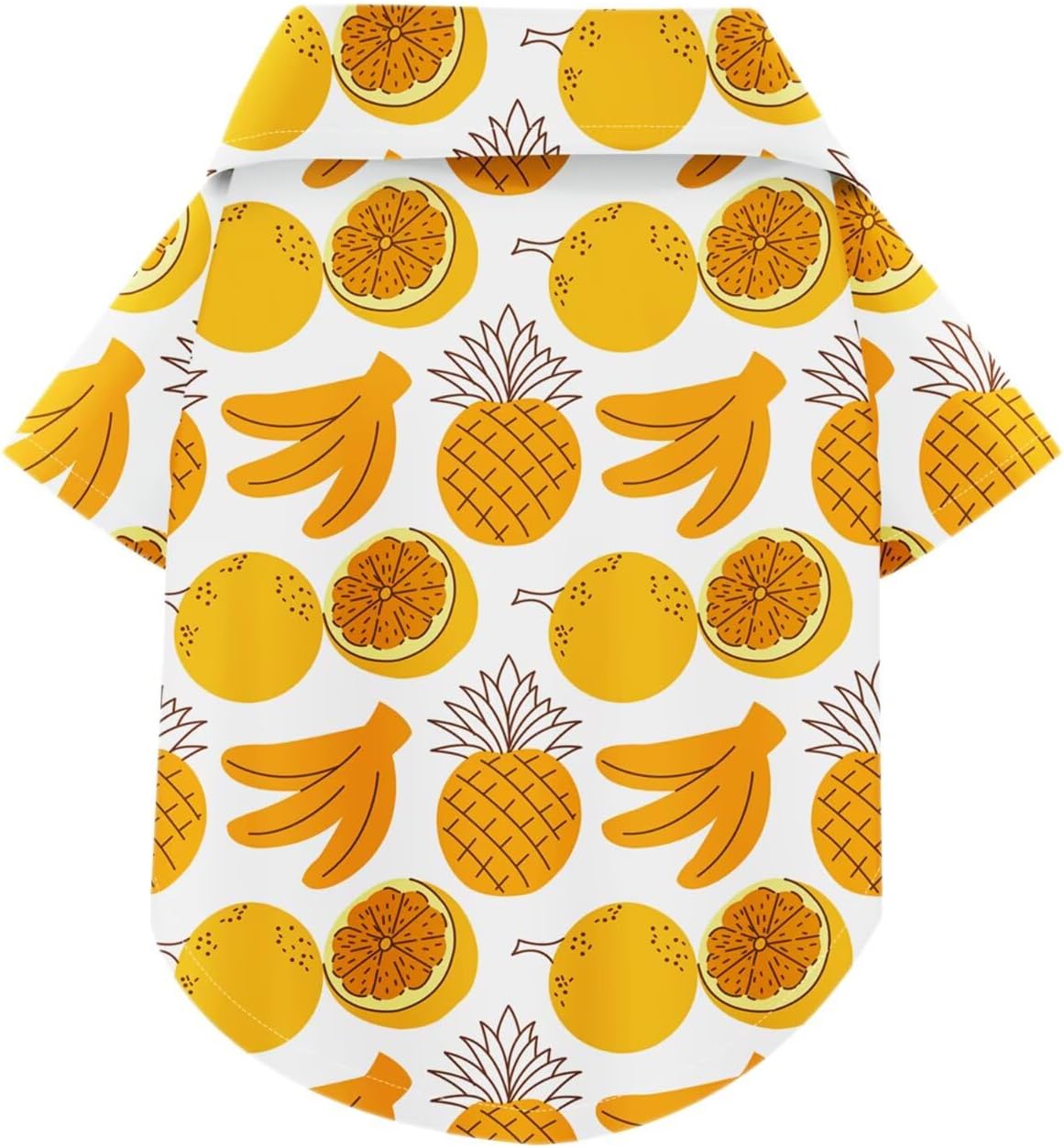 Side profile of dog in tropical beach shirt