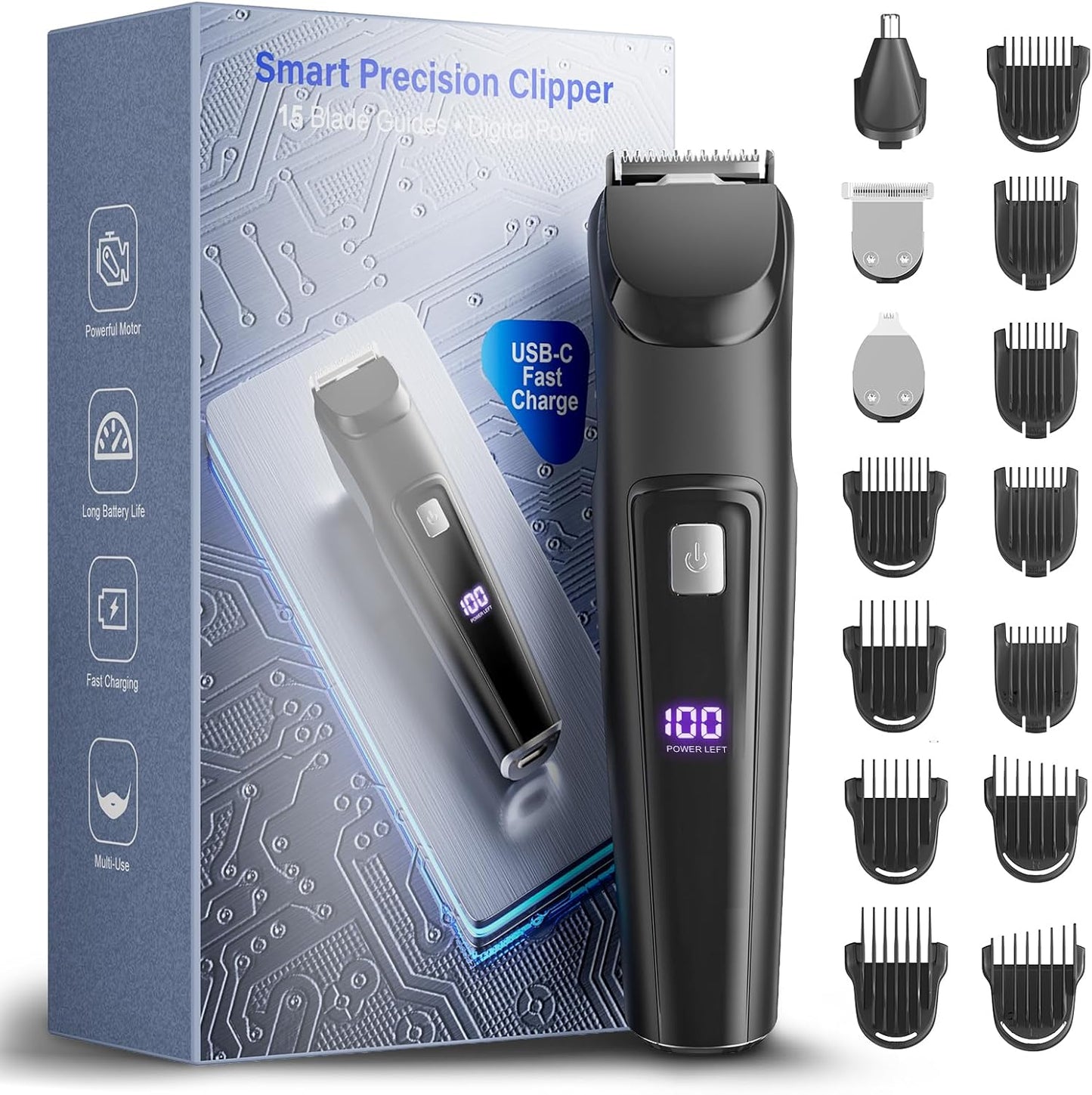 RICAF all in one electric beard trimmer front view showing sleek black body design and digital power display