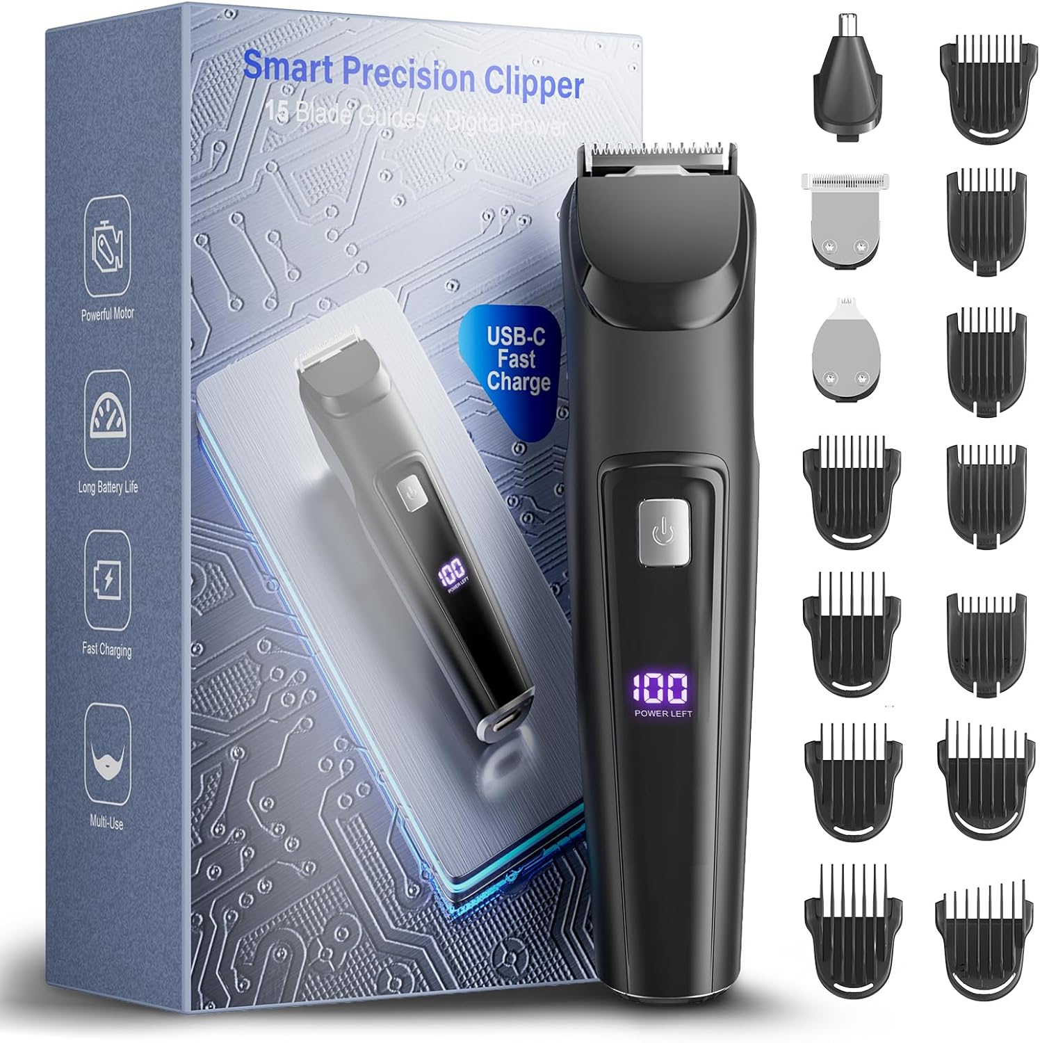 RICAF all in one electric beard trimmer front view showing sleek black body design and digital power display