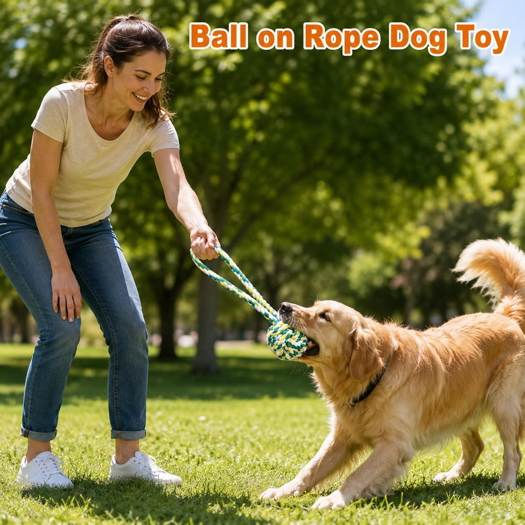 Large dog tug of war rope with multiple safety knots for interactive play sessions.