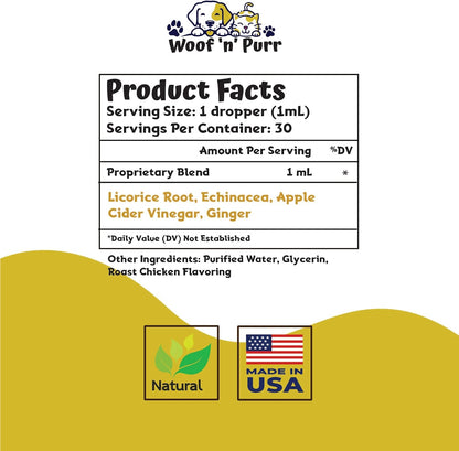 Woof 'N' Purr feline itchy skin supplement bottle showing chicken flavor details.