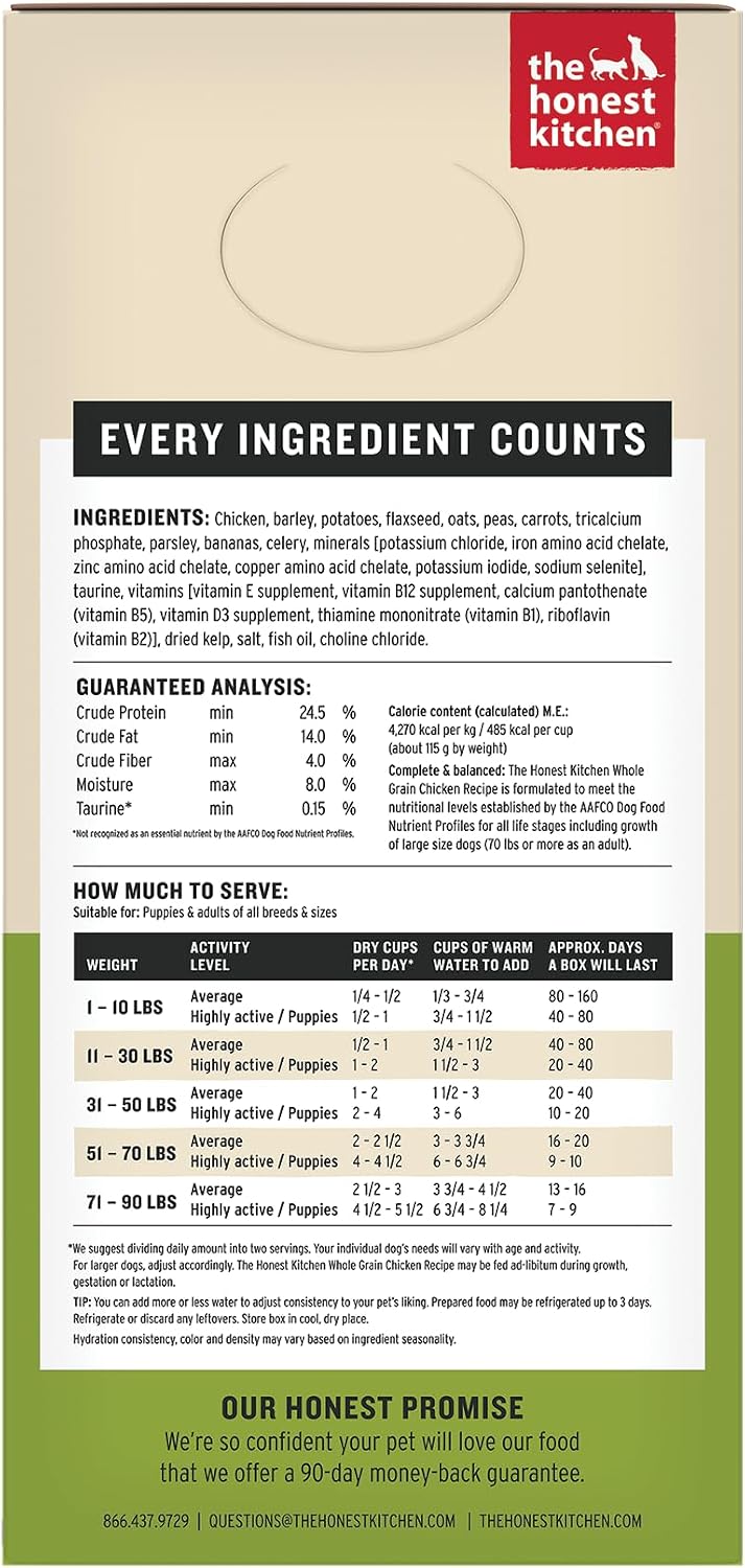 The Honest Kitchen dehydrated chicken dog food packaging nutrition information