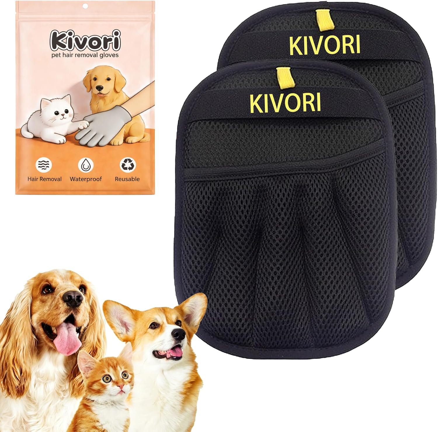Kivori Pet Hair Removal Gloves front view showing mesh design
