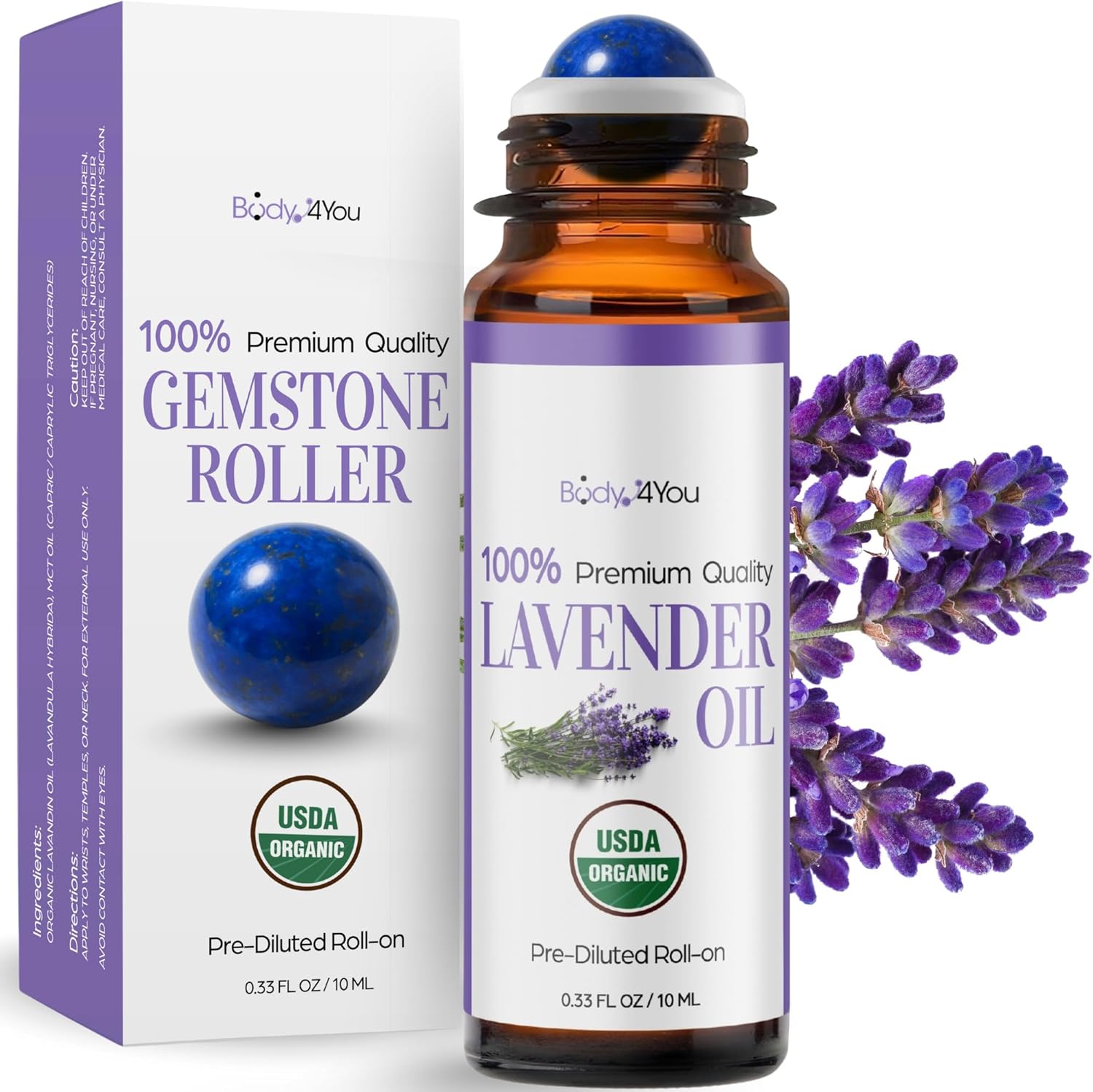 BodyJ4You Lavender Essential Oil Roll On 10ml bottle front view.