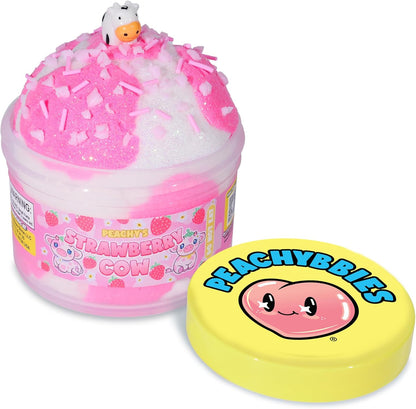 Peachybbies Strawberry Cow Cloud Slime front view showing pink and white swirled dough in a seven ounce clear jar