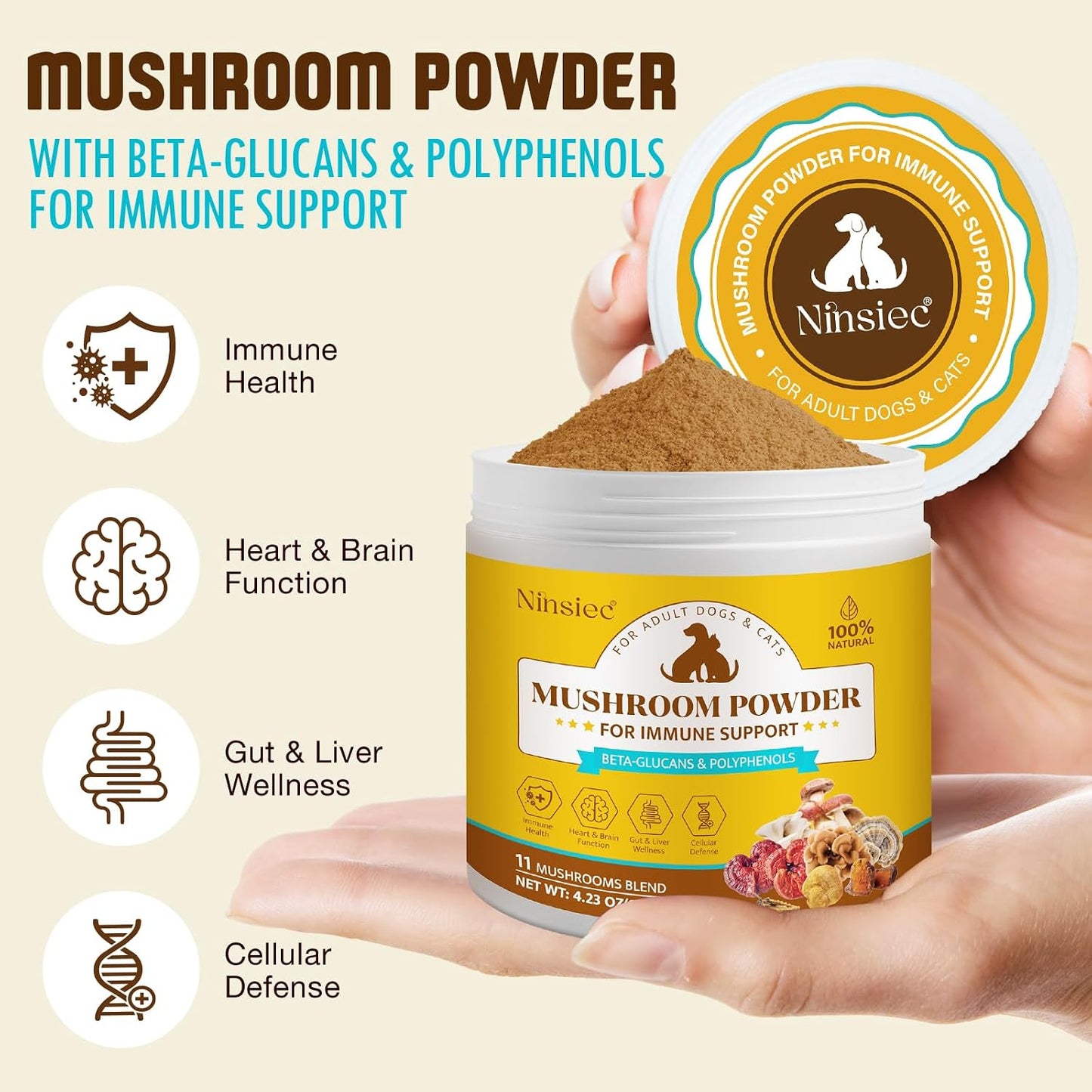Back label of Ninsiec Turkey Tail pet supplement showing ingredients and guidelines.