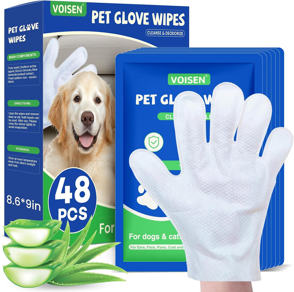 VOISEN pet glove wipes front packaging view for waterless dog grooming