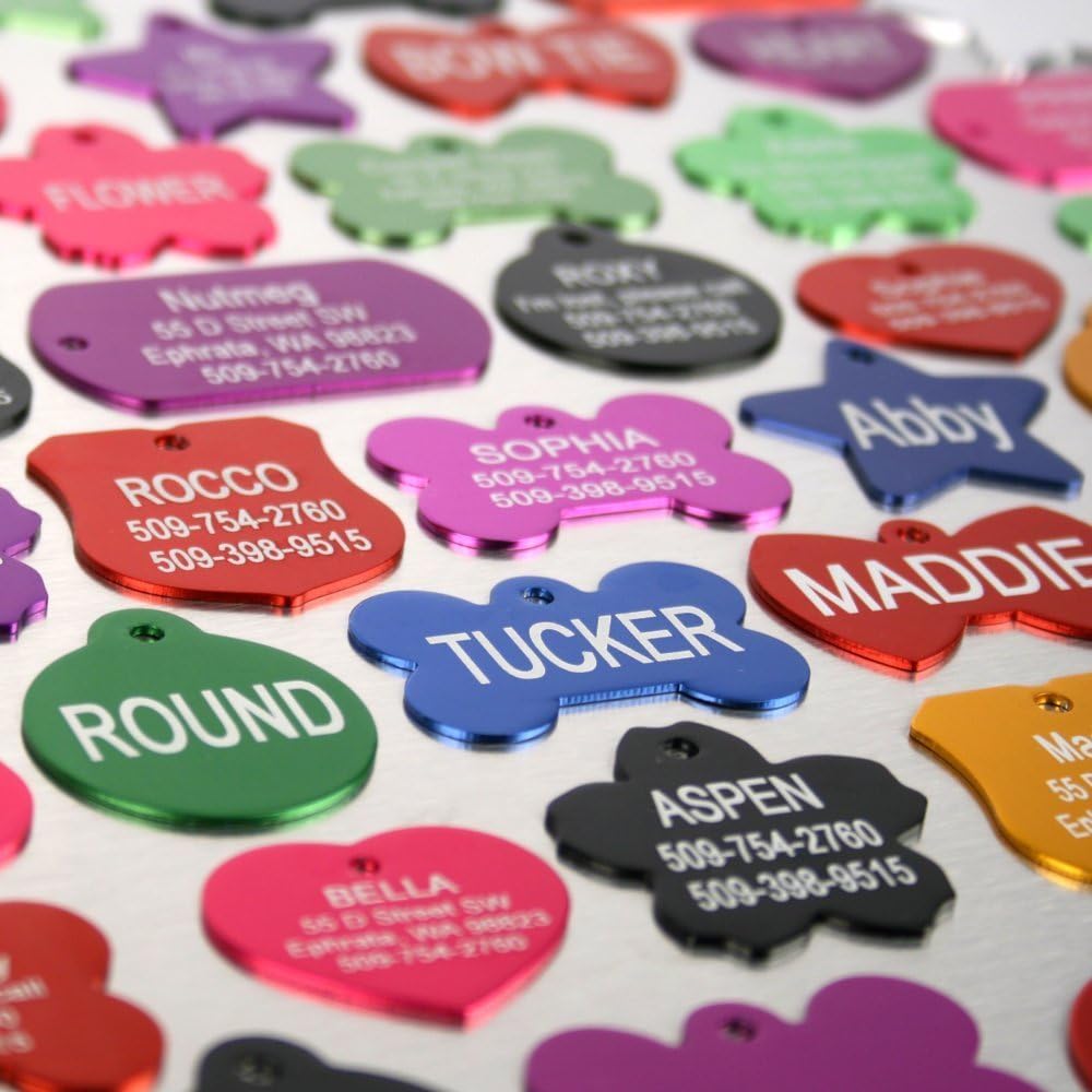 GoTags anodized aluminum pet tag showing double-sided laser engraving