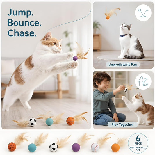Six colorful silicone cat toy balls with attached natural feathers for active indoor play
